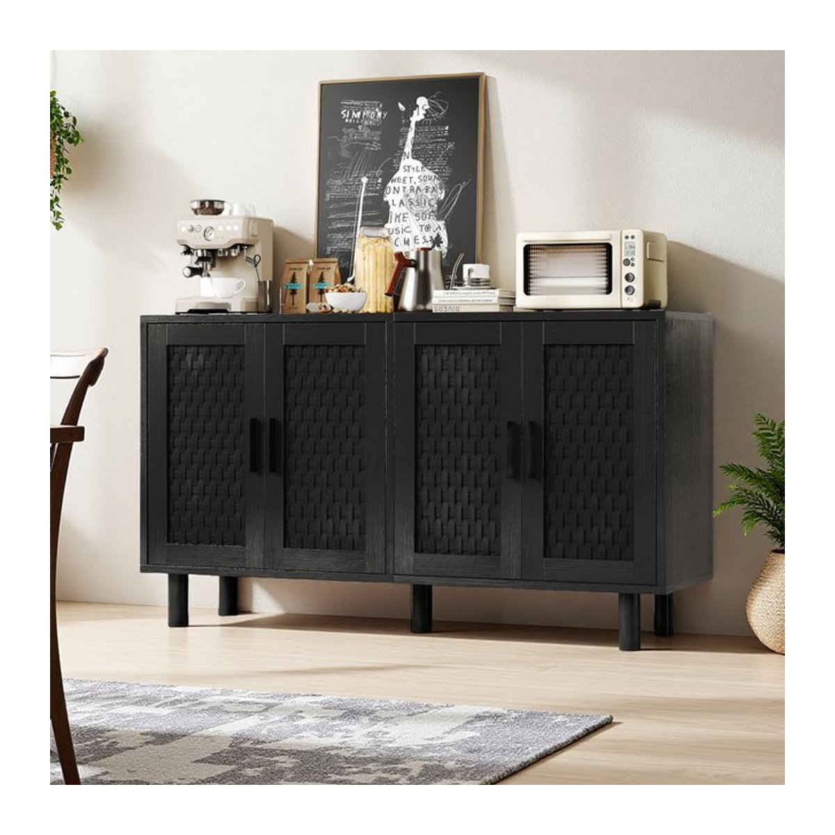 Comanlai Rattan-Sideboard in Schwarz mit 4 Türen und Metallgriffen, moderner Buffetschrank für dein Wohnzimmer, B/T/H: 140 x 40 x 80 cm - Bild 1