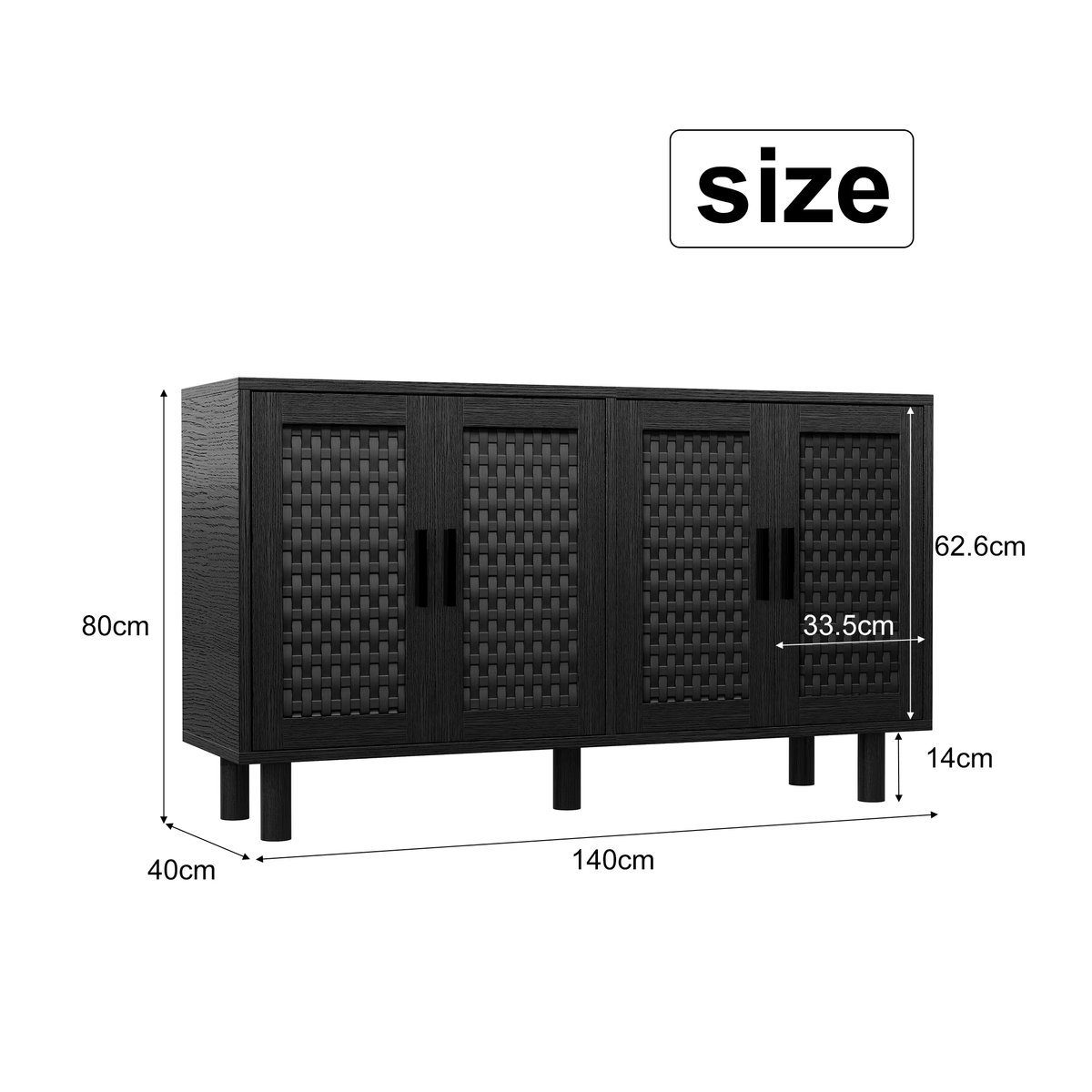 Comanlai Rattan-Sideboard in Schwarz mit 4 Türen und Metallgriffen, moderner Buffetschrank für dein Wohnzimmer, B/T/H: 140 x 40 x 80 cm - Bild 2