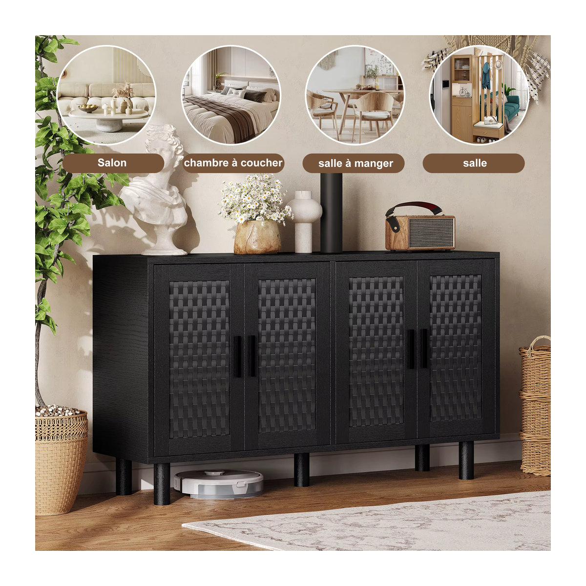 Comanlai Rattan-Sideboard in Schwarz mit 4 Türen und Metallgriffen, moderner Buffetschrank für dein Wohnzimmer, B/T/H: 140 x 40 x 80 cm - Bild 3