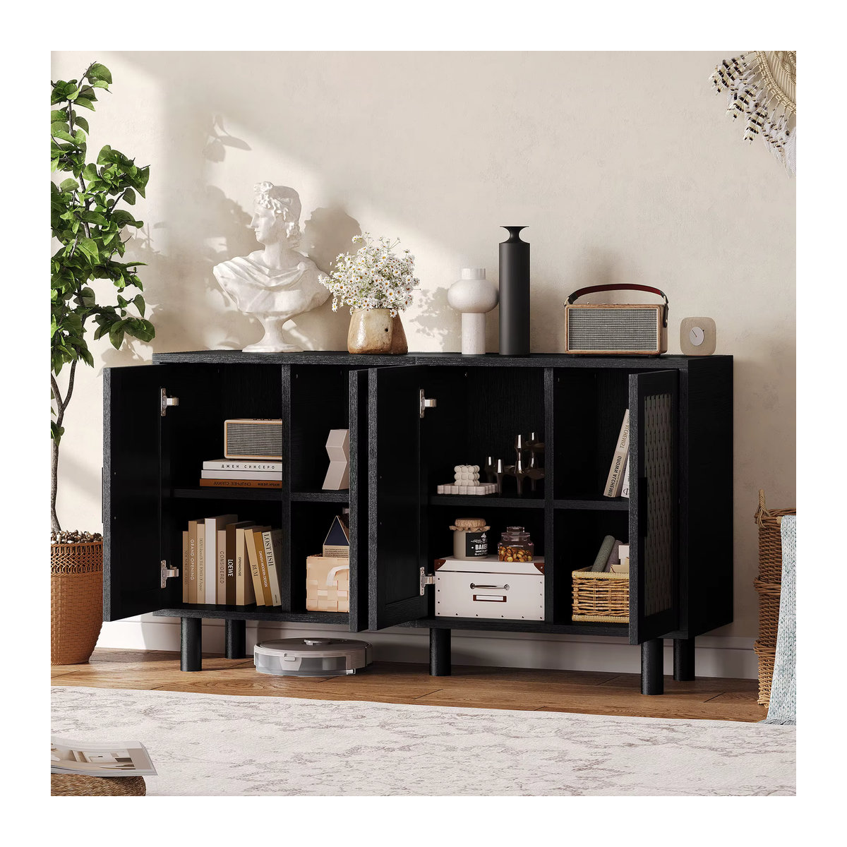 Comanlai Rattan-Sideboard in Schwarz mit 4 Türen und Metallgriffen, moderner Buffetschrank für dein Wohnzimmer, B/T/H: 140 x 40 x 80 cm - Bild 4
