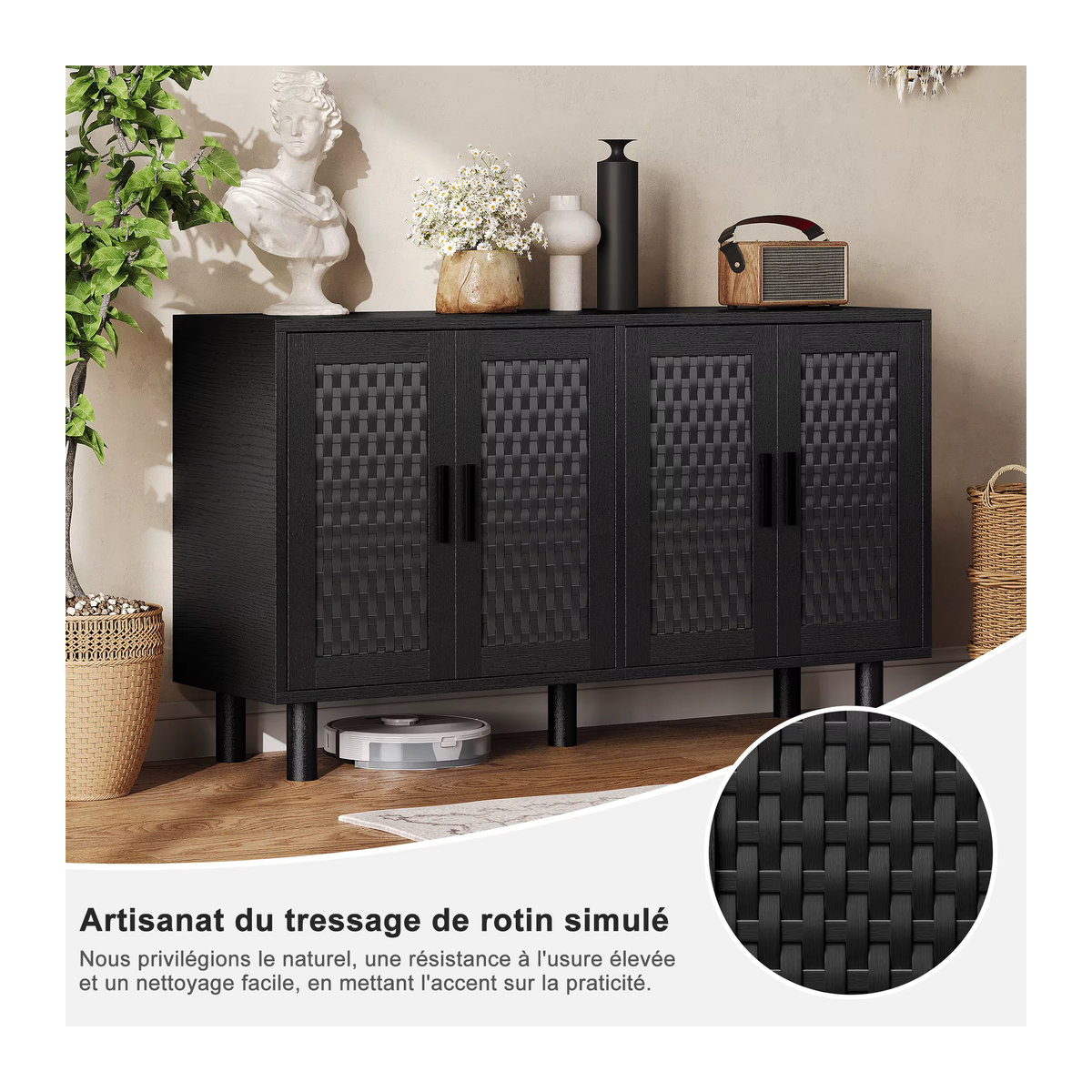 Comanlai Rattan-Sideboard in Schwarz mit 4 Türen und Metallgriffen, moderner Buffetschrank für dein Wohnzimmer, B/T/H: 140 x 40 x 80 cm - Bild 5