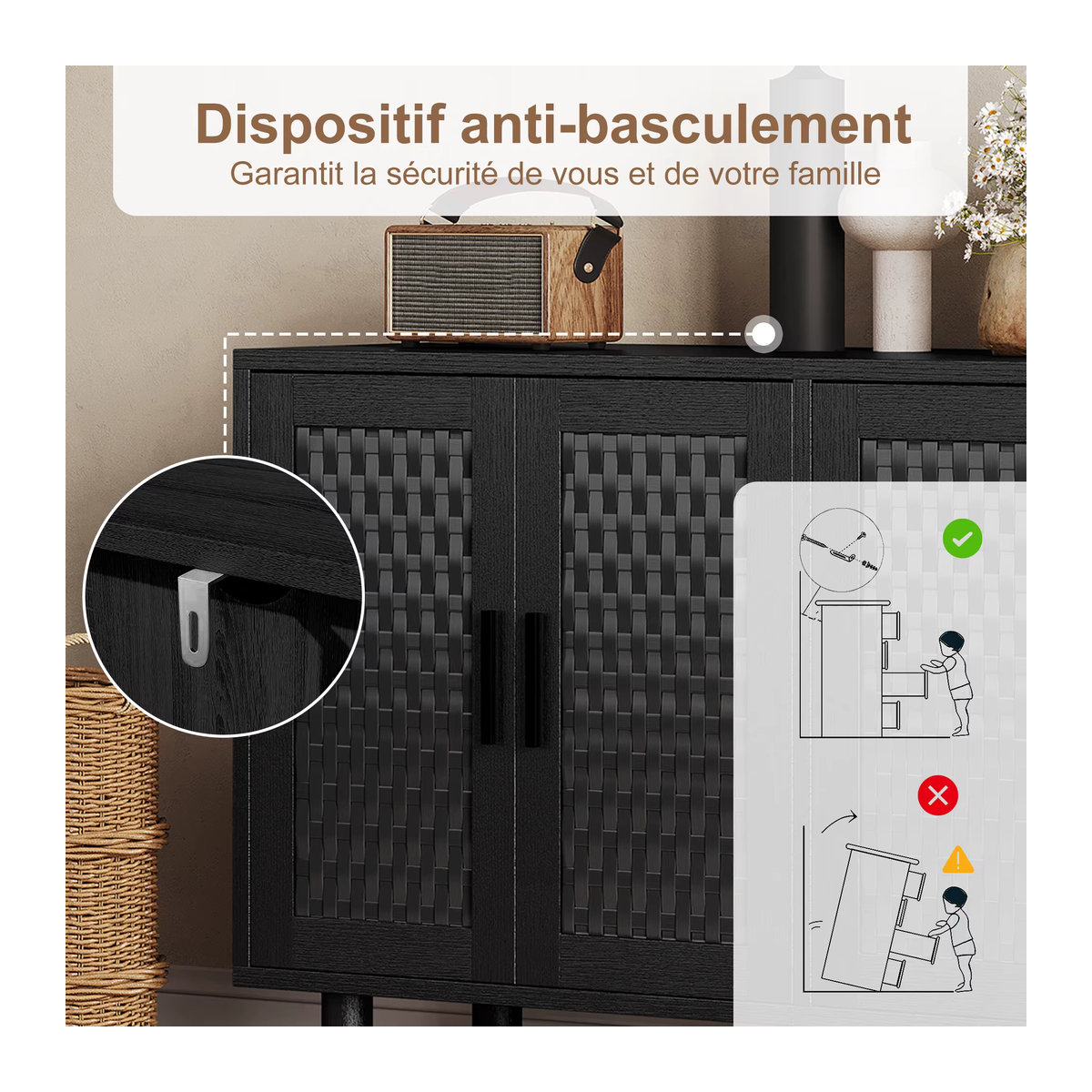 Comanlai Rattan-Sideboard in Schwarz mit 4 Türen und Metallgriffen, moderner Buffetschrank für dein Wohnzimmer, B/T/H: 140 x 40 x 80 cm - Bild 6