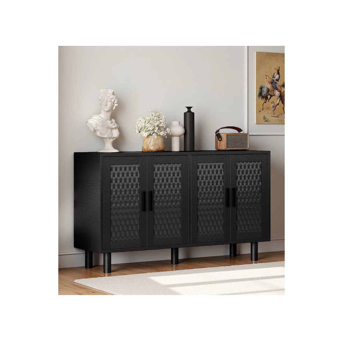 Comanlai Rattan-Sideboard in Schwarz mit 4 Türen und Metallgriffen, moderner Buffetschrank für dein Wohnzimmer, B/T/H: 140 x 40 x 80 cm - Bild 7