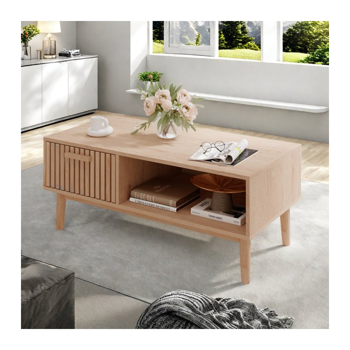 Comanlai Rattan Sofatisch in Braun und Beige mit Schublade und offenem Fach im Retro Boho-Stil - Bild 1