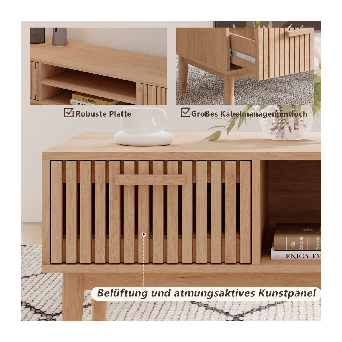 Comanlai Rattan Sofatisch in Braun und Beige mit Schublade und offenem Fach im Retro Boho-Stil - Bild 2
