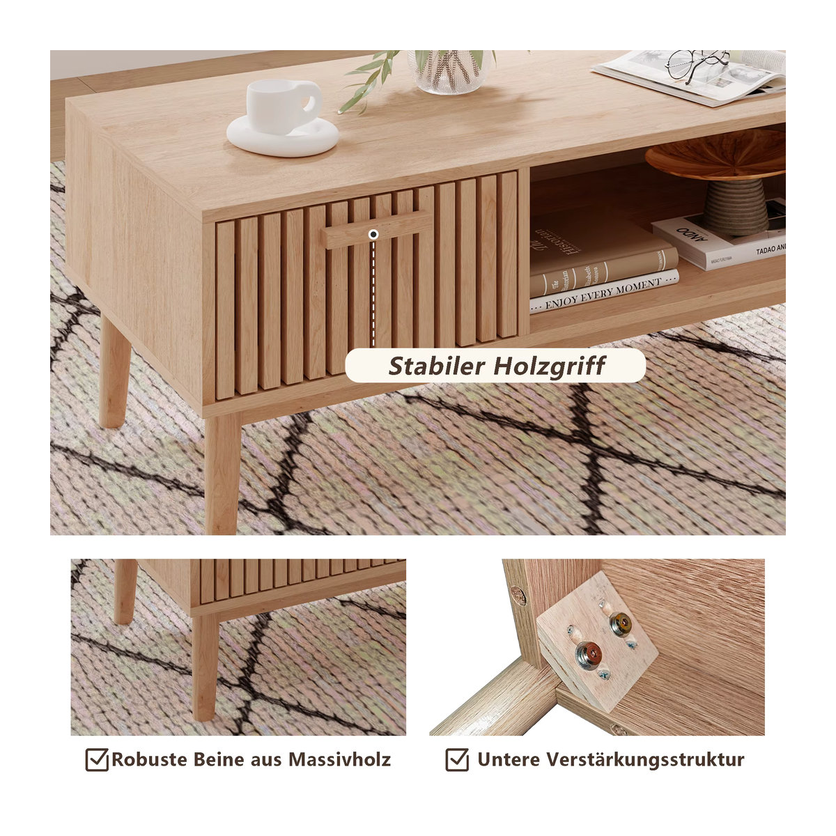 Comanlai Rattan Sofatisch in Braun und Beige mit Schublade und offenem Fach im Retro Boho-Stil - Bild 4