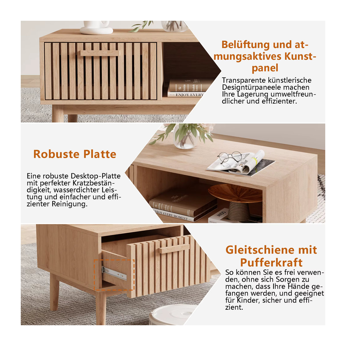Comanlai Rattan Sofatisch in Braun und Beige mit Schublade und offenem Fach im Retro Boho-Stil - Bild 6