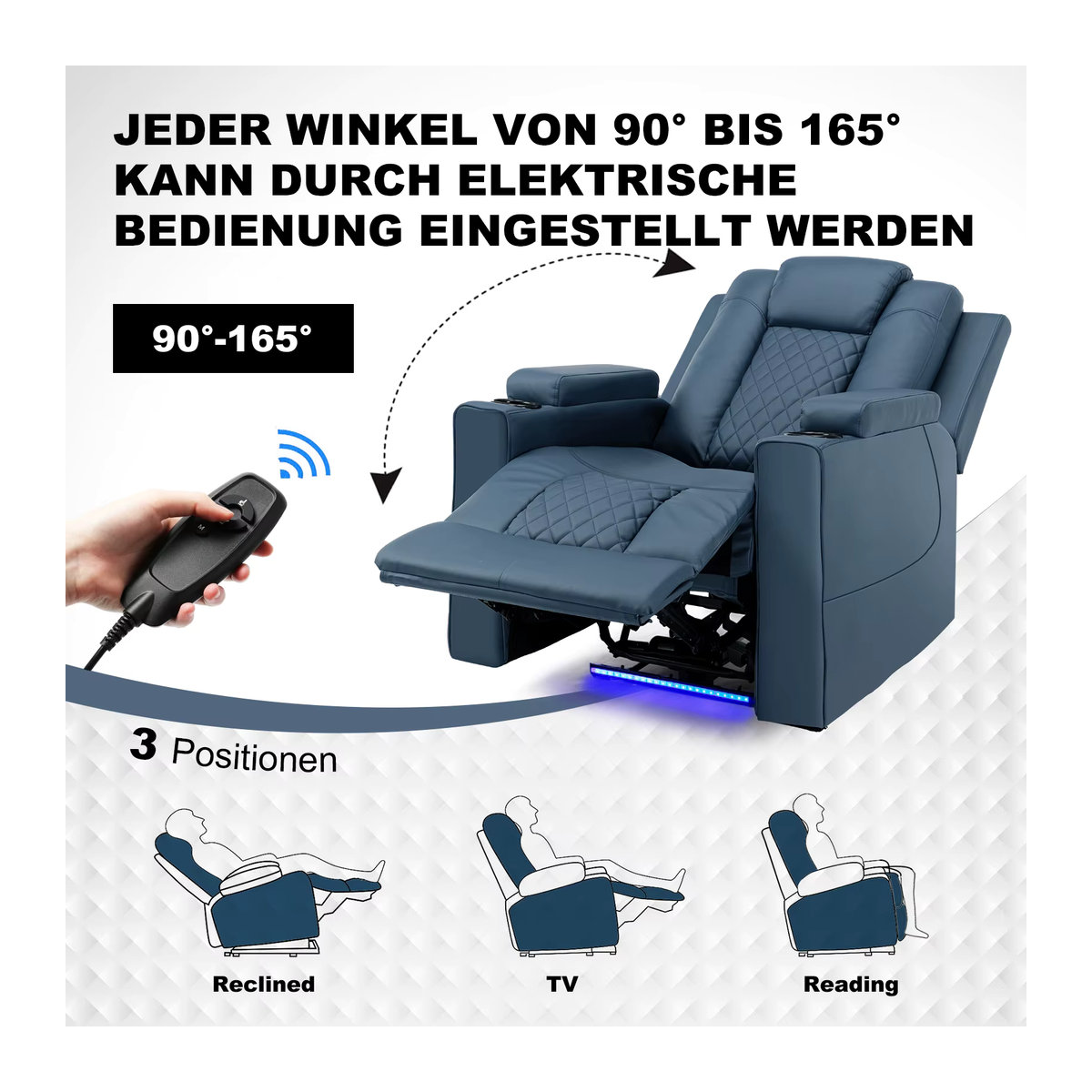 COMHOMA Fernsehsessel mit Liegefunktion, Massagefunktion und LED in Blau aus Kunstleder - Bild 3