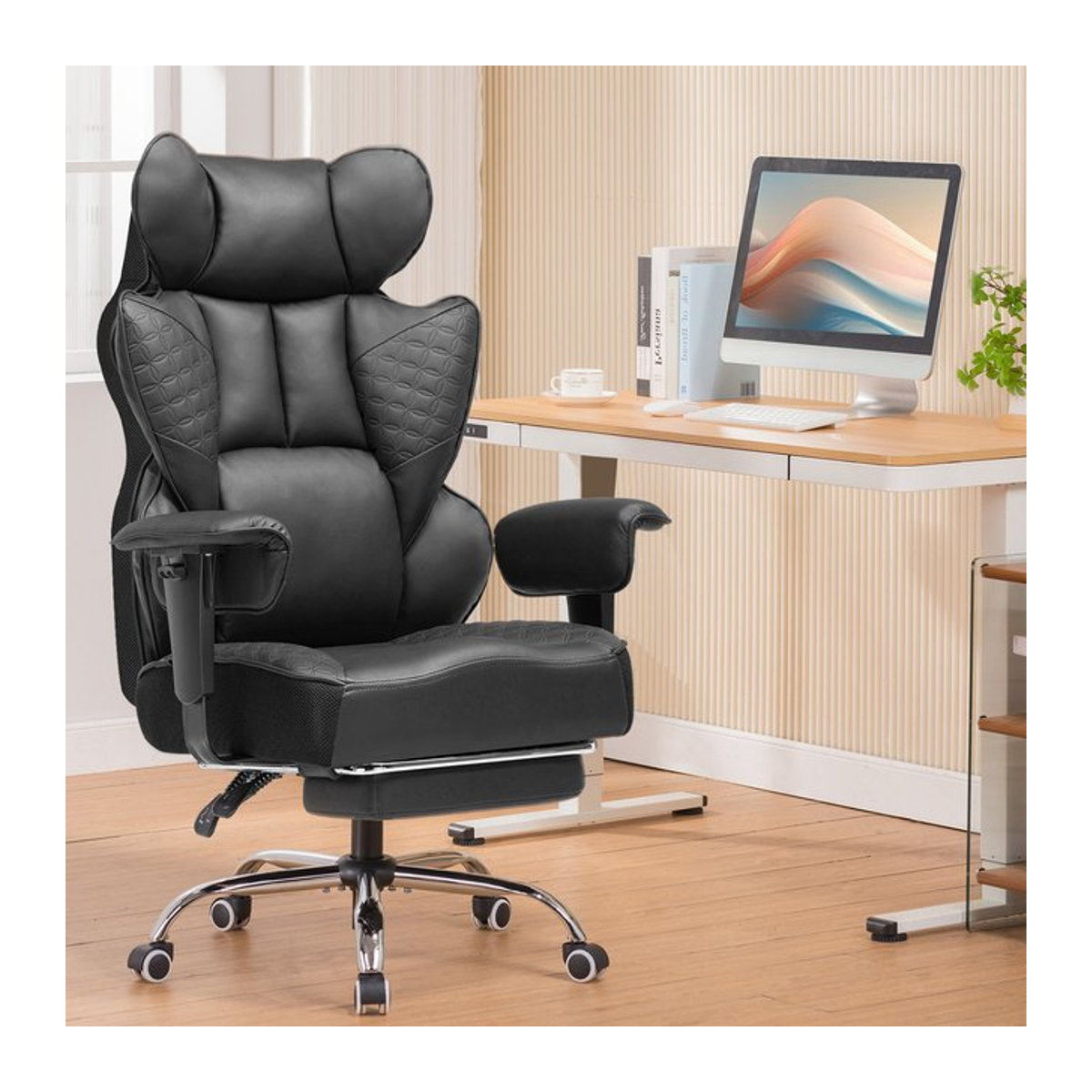 COMHOMA Gaming Stuhl ergonomischer Bürostuhl mit verstellbaren Armlehnen und Taschenfederkern-Lendenwirbelstütze in Schwarz und Braun - Bild 1