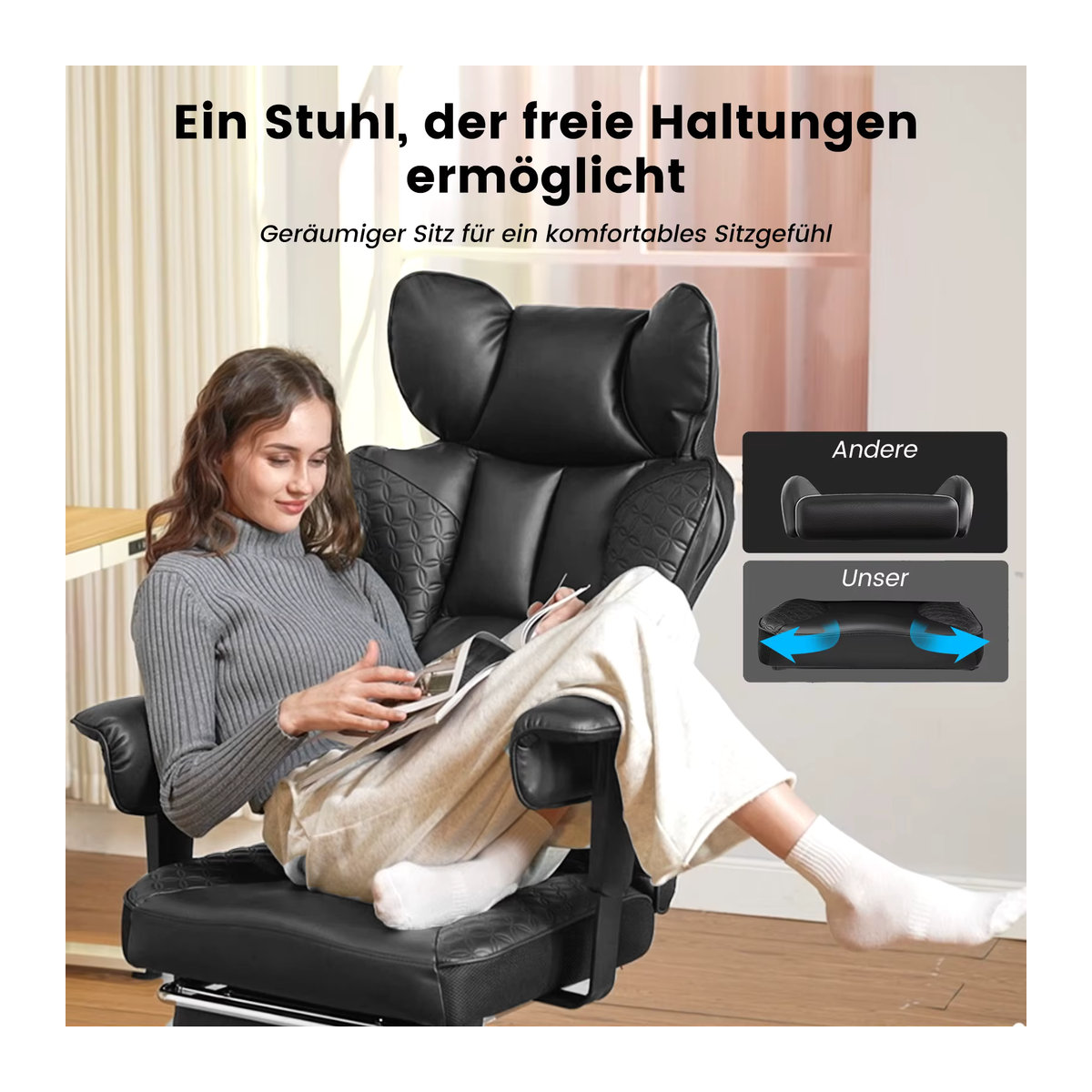 COMHOMA Gaming Stuhl ergonomischer Bürostuhl mit verstellbaren Armlehnen und Taschenfederkern-Lendenwirbelstütze in Schwarz und Braun - Bild 4