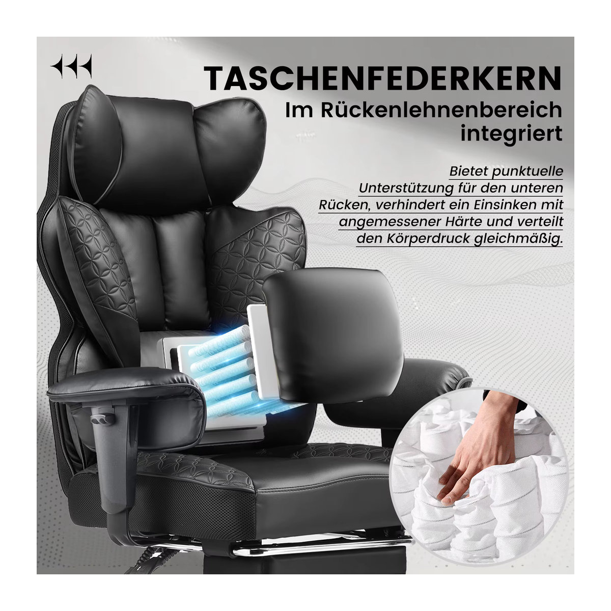 COMHOMA Gaming Stuhl ergonomischer Bürostuhl mit verstellbaren Armlehnen und Taschenfederkern-Lendenwirbelstütze in Schwarz und Braun - Bild 5