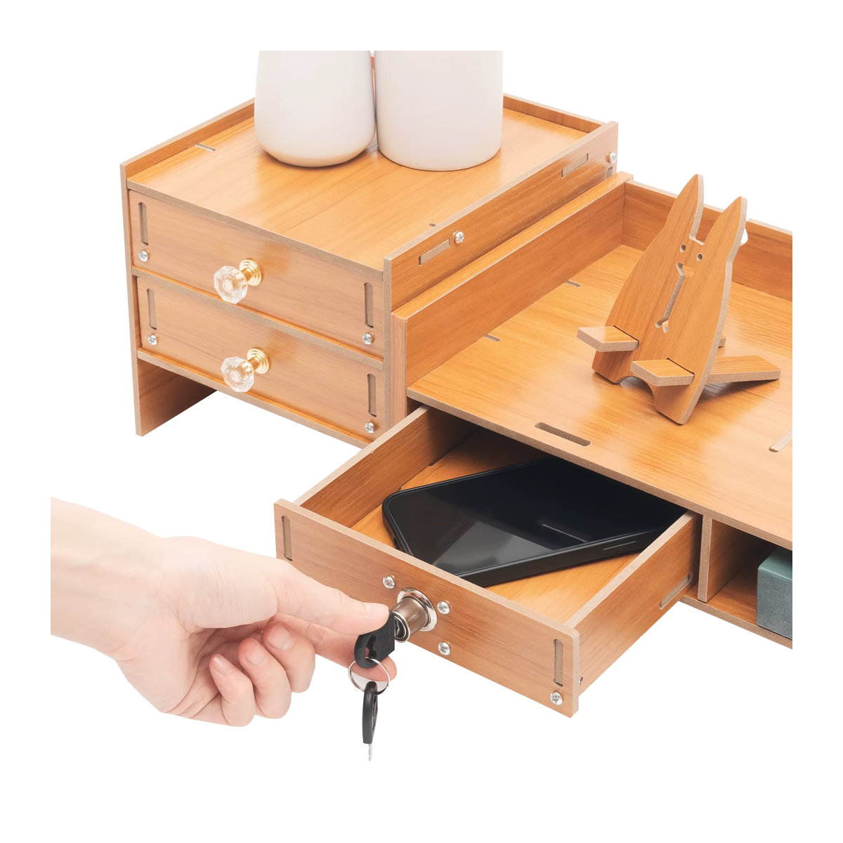Computer-Aufbewahrungsregal aus Holz in Braun mit 3 Schubladen und Monitorständer als Büro-Desktop-Organizer - Bild 3