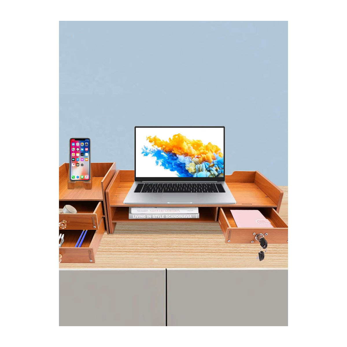Computer-Aufbewahrungsregal aus Holz in Braun mit 3 Schubladen und Monitorständer als Büro-Desktop-Organizer - Bild 5