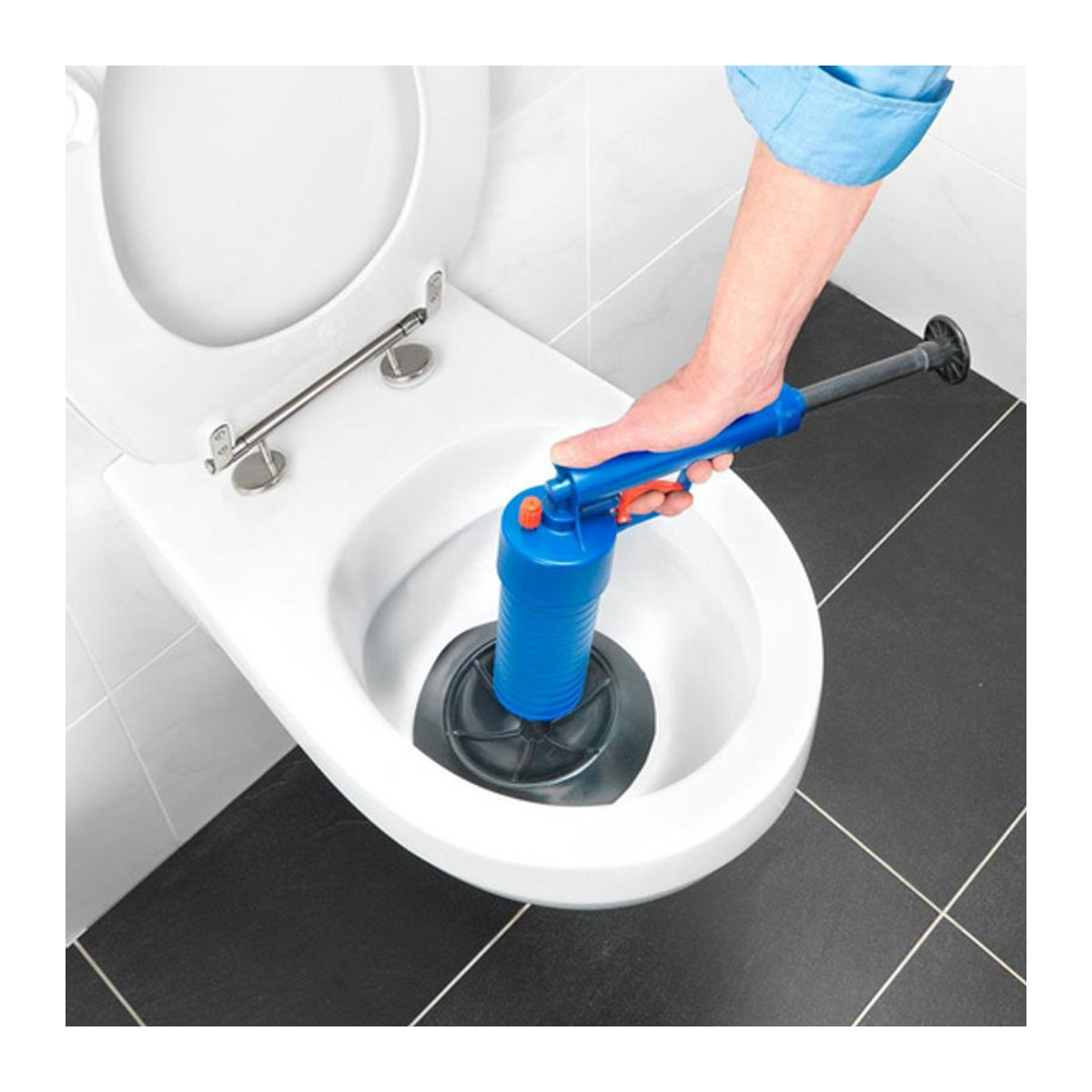 CON:P Rohrreinigungspistole aus Kunststoff in Blau inklusive 3 Abfluss-Aufsätzen und 1 WC-Aufsatz - Bild 4