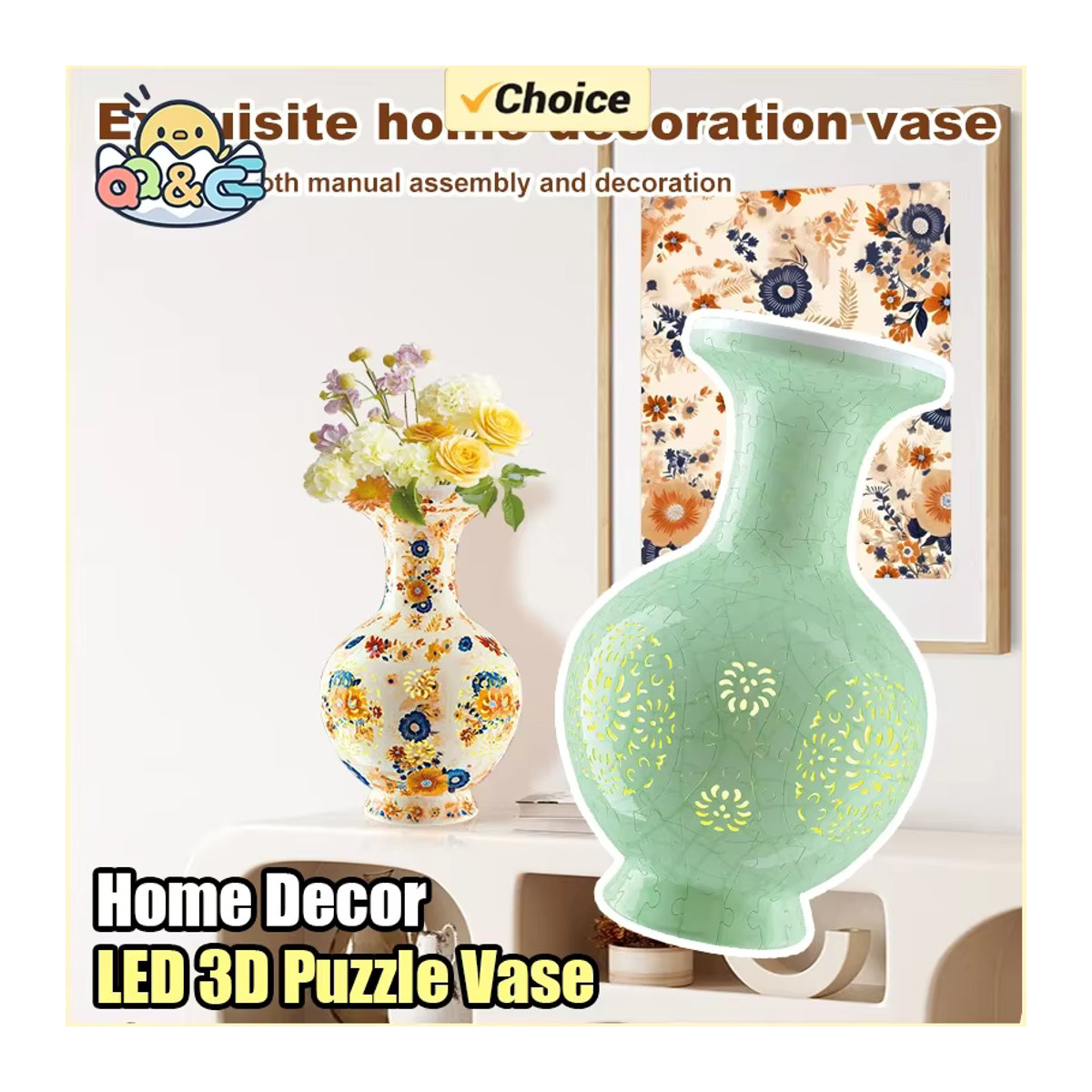 CONUSEA 3D LED Licht Puzzle Blumenvase aus Porzellan in Gelb und Bunt als DIY Montessori Lernspielzeug und Deko-Geschenk - Bild 1