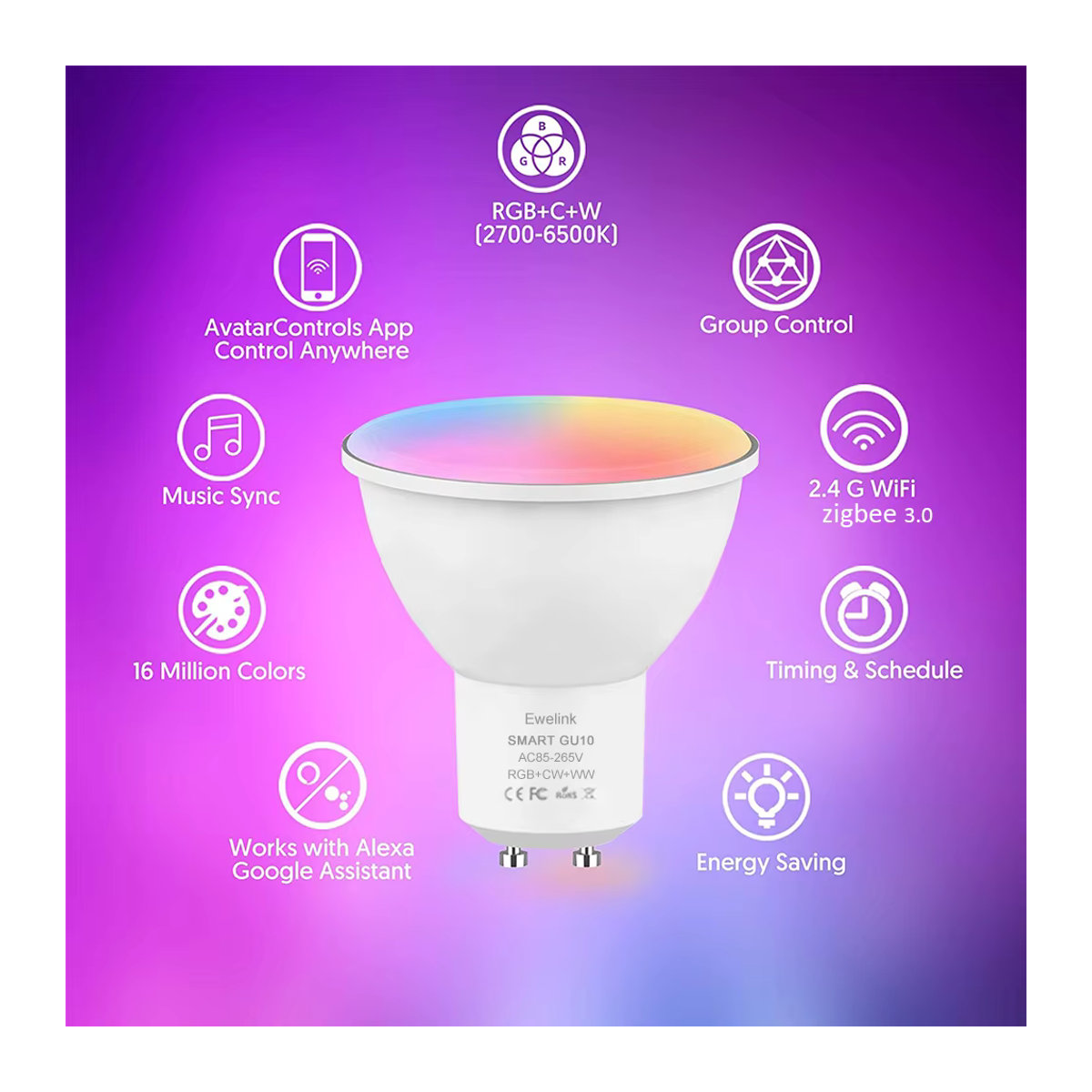Coolo Smart LED Glühbirne GU10 mit RGBW und Dimmen, 5W WiFi Zigbee Lampe mit eWelink App Steuerung für Alexa und Google Home, Bunt - Bild 2