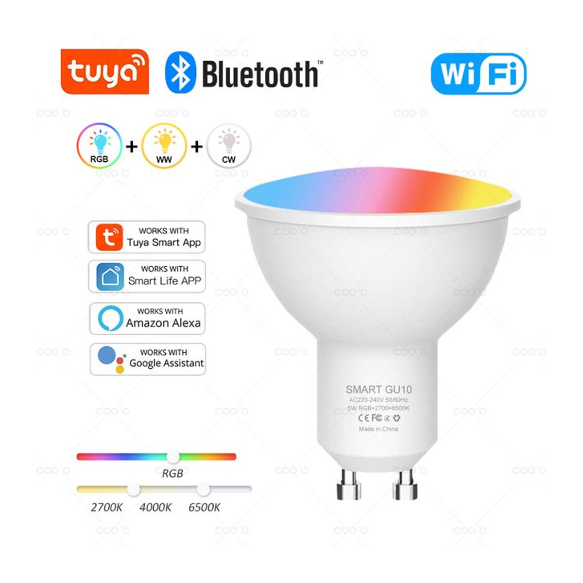 Coolo Smart LED Glühbirne GU10 mit WiFi und Bluetooth, dimmbar, RGBW Bunt, kompatibel mit Smart Life App, Alexa und Google Home - Bild 1