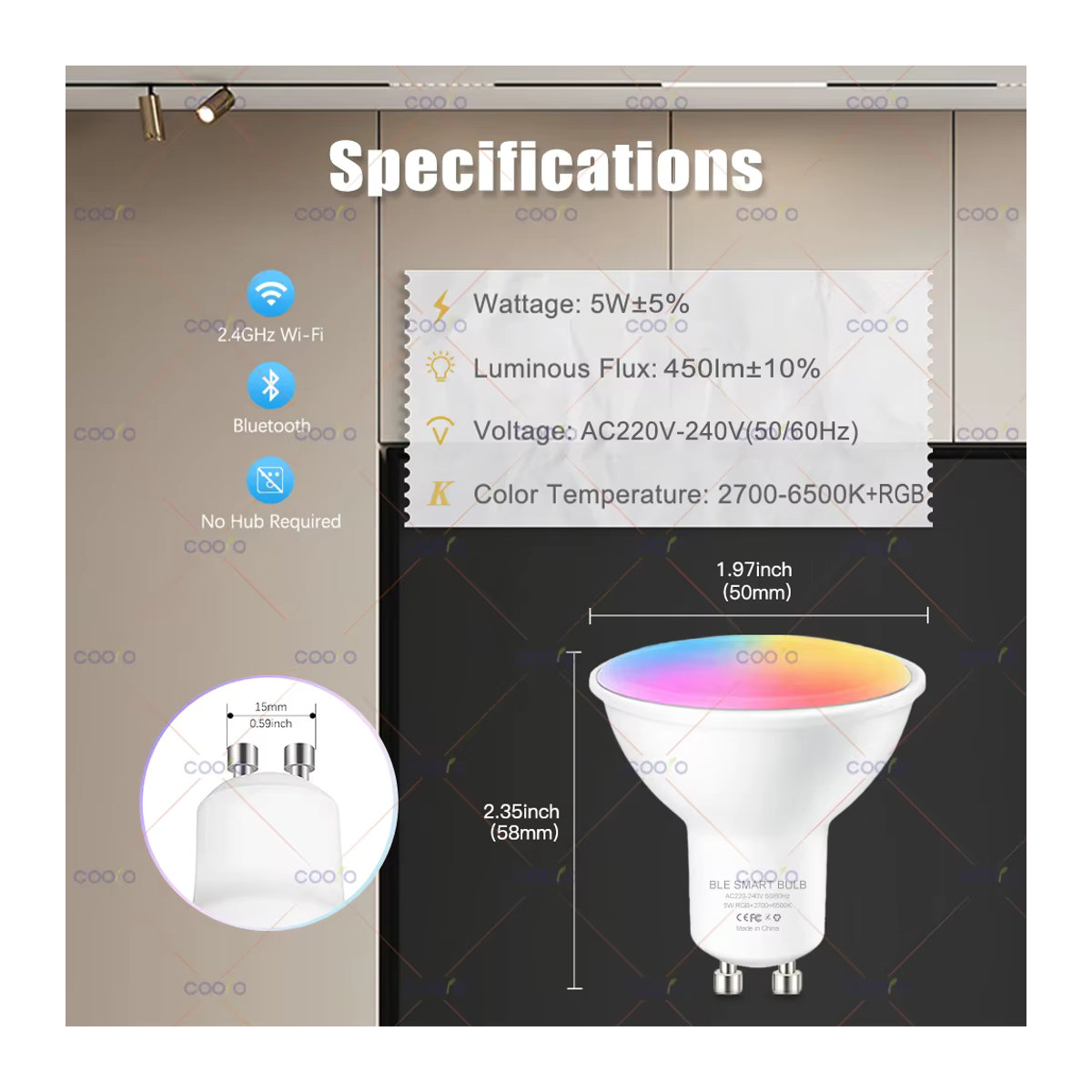 Coolo Smart LED Glühbirne GU10 mit WiFi und Bluetooth, dimmbar, RGBW Bunt, kompatibel mit Smart Life App, Alexa und Google Home - Bild 2