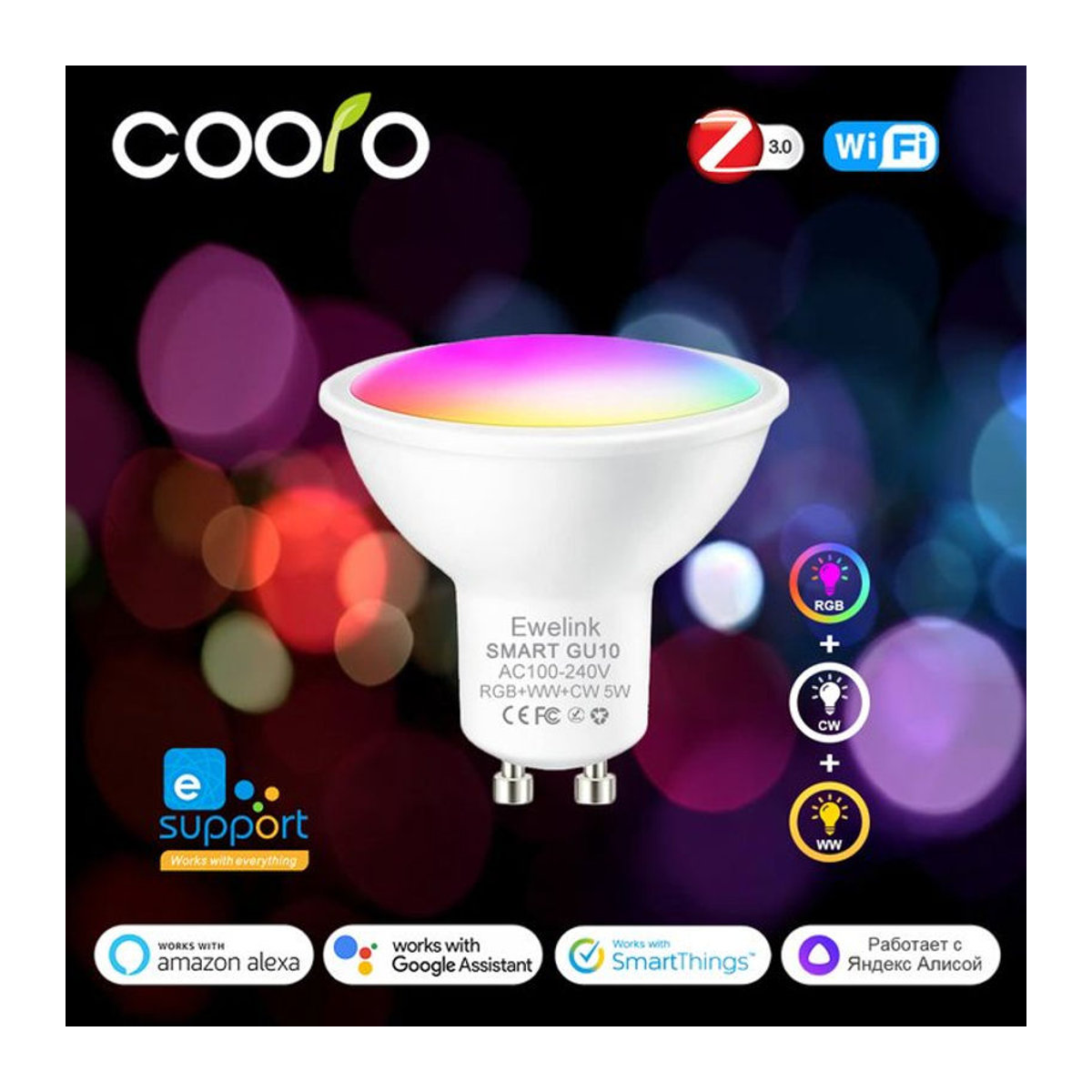 Coolo Smart LED Glühbirne GU10 RGB mit 5W dimmbarer Spotlight-Funktion für WiFi und ZigBee, kompatibel mit Alexa und Google Assistant - Bild 1