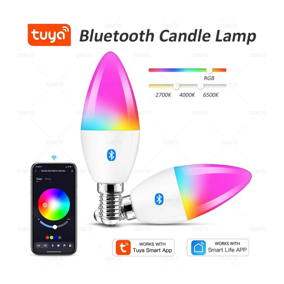 COOLO Smart Life E14 LED Glühbirne mit Bluetooth und Tuya App Steuerung, 5W RGB + CW, dimmbar, Bunt - Bild 1