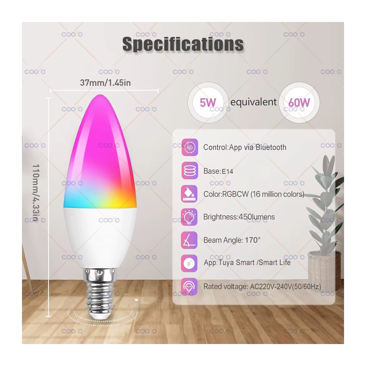 COOLO Smart Life E14 LED Glühbirne mit Bluetooth und Tuya App Steuerung, 5W RGB + CW, dimmbar, Bunt - Bild 2