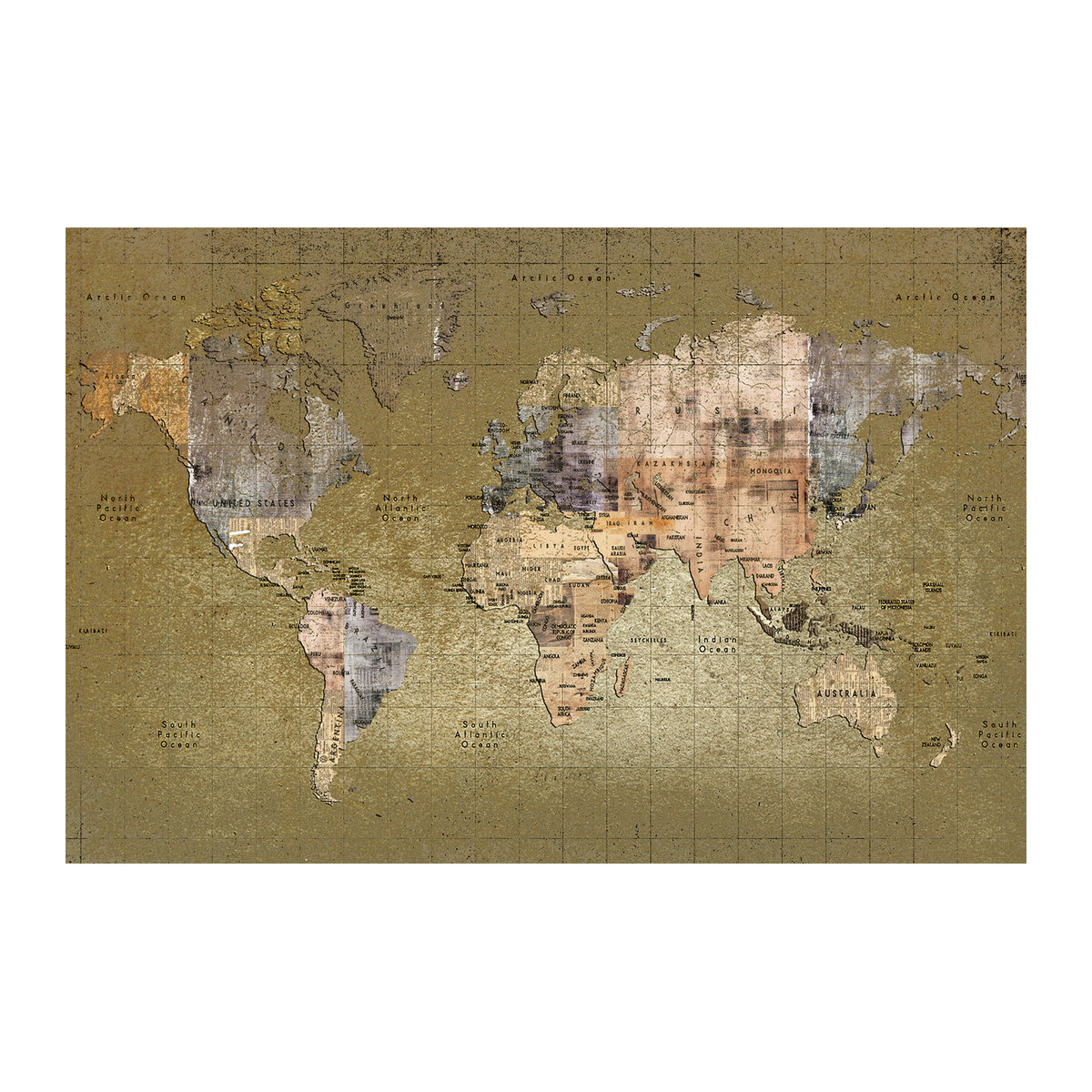 Coordonne Wandbild Newspaper Map Weltkarte im Vintage-Stil, mehrfarbig und gold, rechteckiges Querformat aus Papier und Vlies - Bild 2