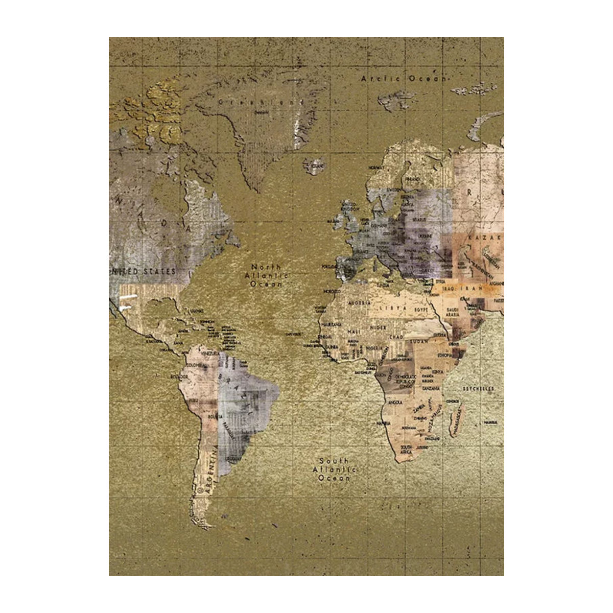 Coordonne Wandtapete Newspaper Map Weltkarte im Vintage-Stil aus Vlies und Papier in Gold und Braun - Bild 1