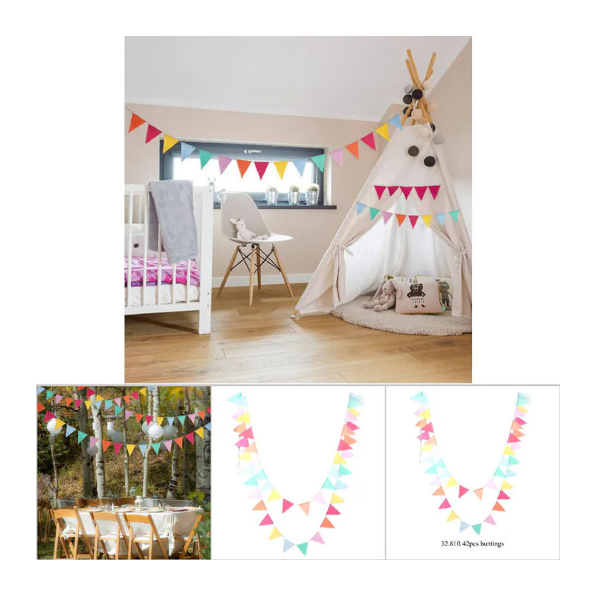 CosyHome Wimpelkette aus Baumwolle mit 42 mehrfarbigen Flaggen in floralem und geometrischem Design für Hochzeiten und Kinderfeiern - Bild 5