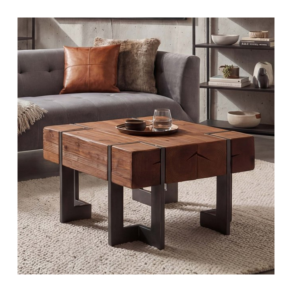 Couchtisch MCW-A15 aus massivem Tannenholz in Braun, quadratisch im Industrial-Design, B/T: 60 x 60 cm - Bild 1