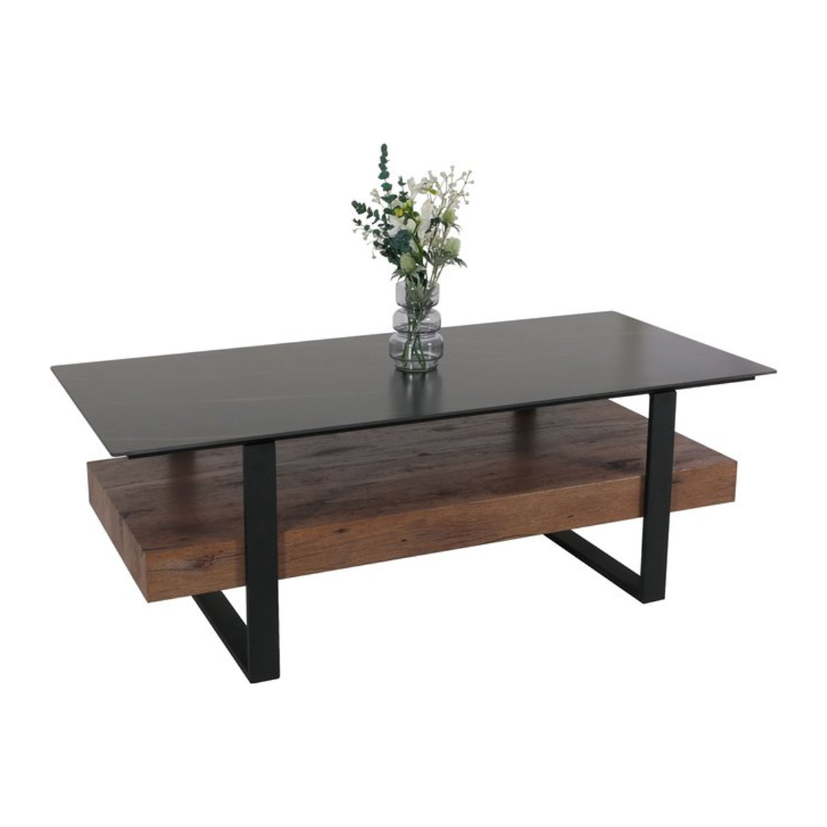 Couchtisch MCW-L88 im Industrial Design mit Sinterstein in Marmor-Optik und Holz, B/T/H: 120 x 43 x 60 cm, Schwarz/Braun - Bild 1