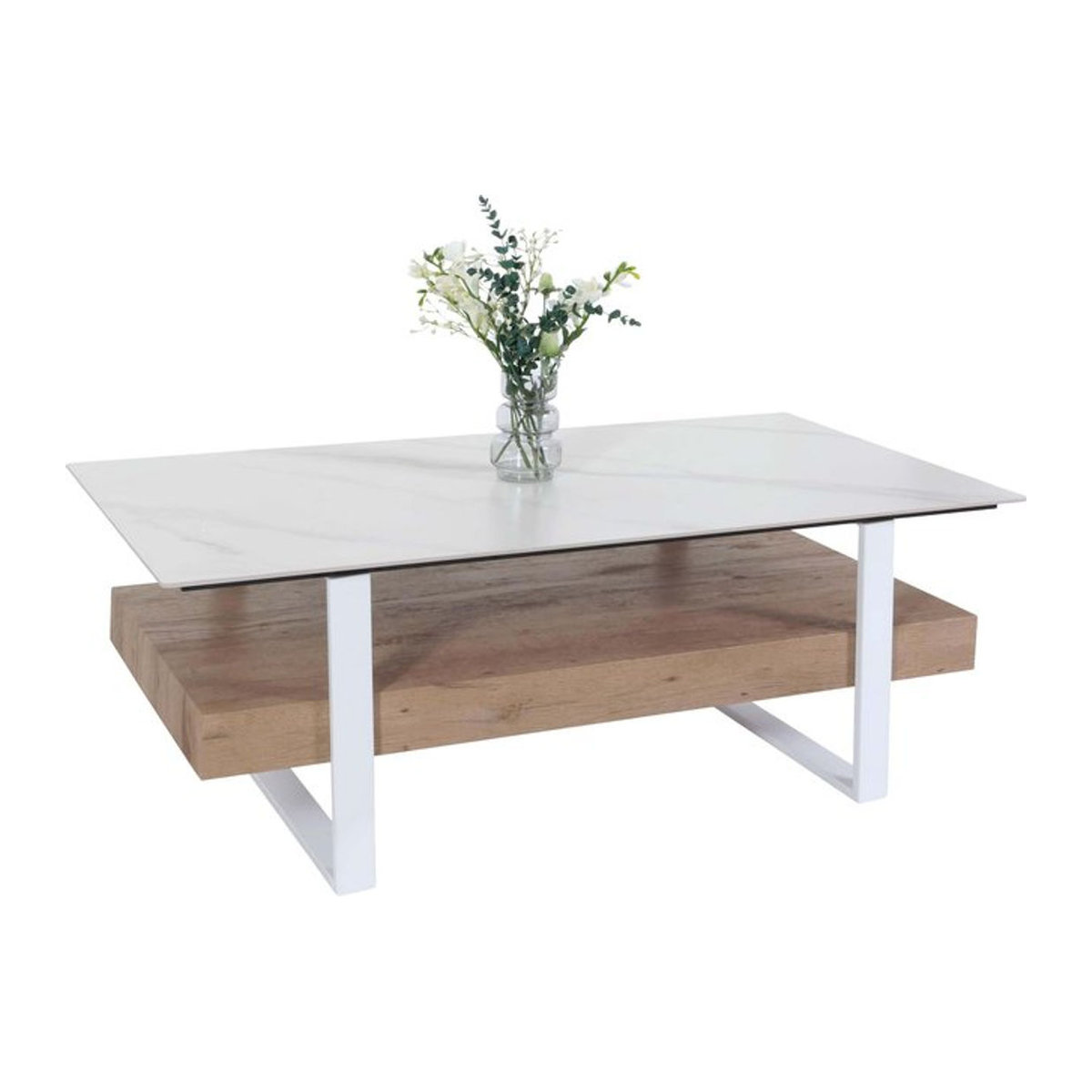 Couchtisch MCW-L88 in moderner Marmor-Optik mit Sinterstein und Holz, Weiß und Natur, B/T/H: 120 x 43 x 60 cm - Bild 1