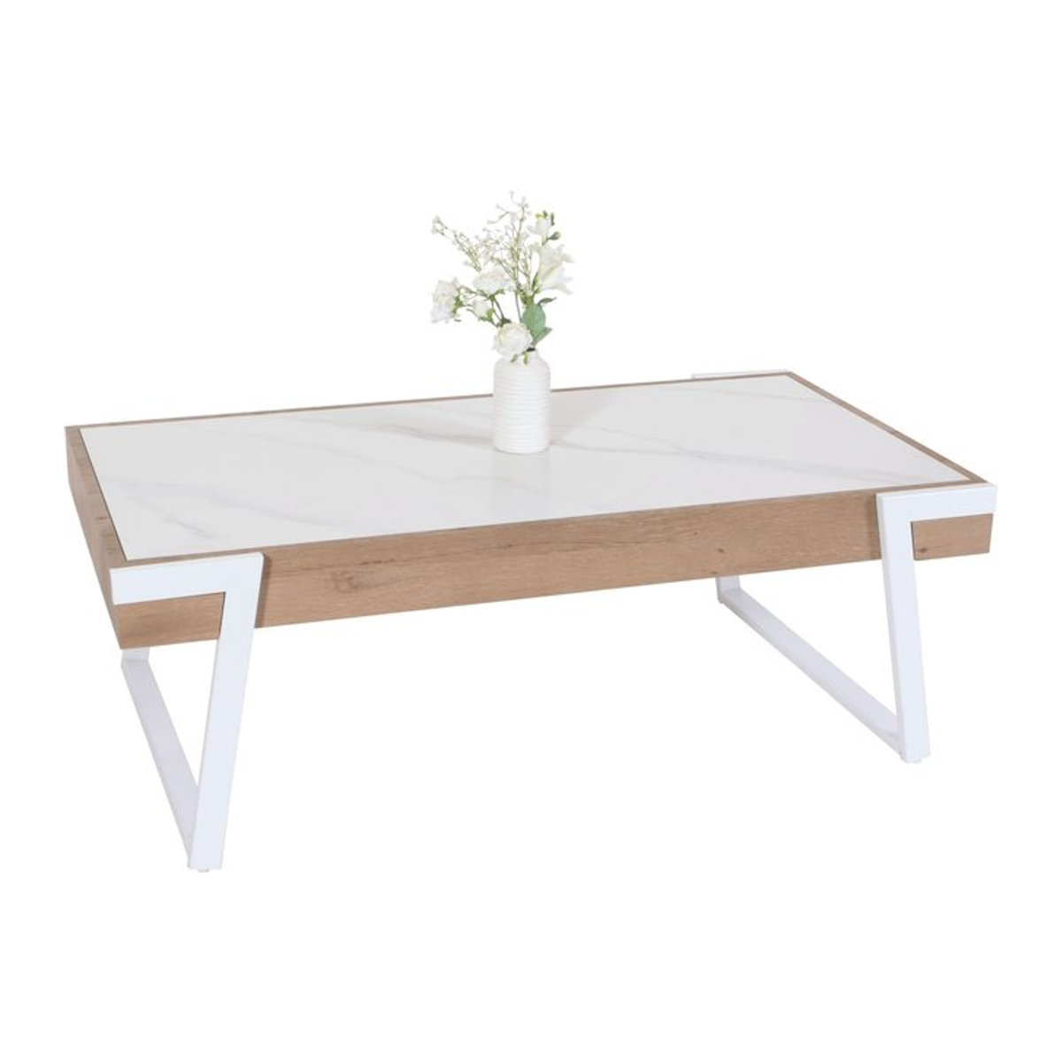 Couchtisch MCW-L89 in Marmor-Optik Weiß und Holz Natur mit Eisen und Sinterstein, B/T/H: 120 x 43 x 64 cm - Bild 1
