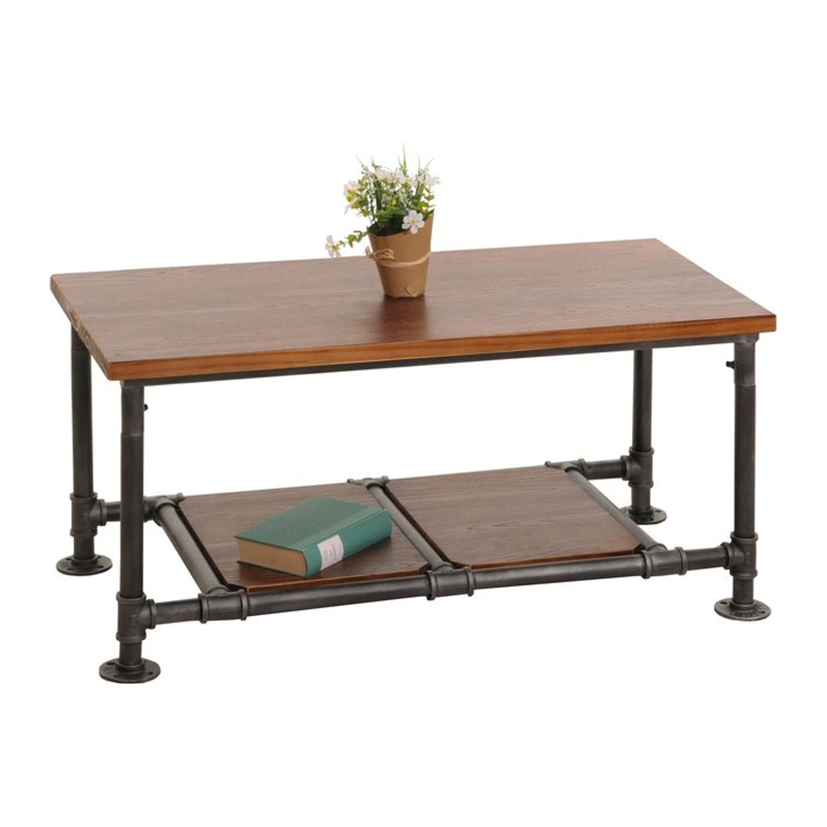Couchtisch MCW-N27 im Industrial Design aus Massivholz und Metall, Braun, B: 100 cm, T: 48 cm, H: 50 cm - Bild 1