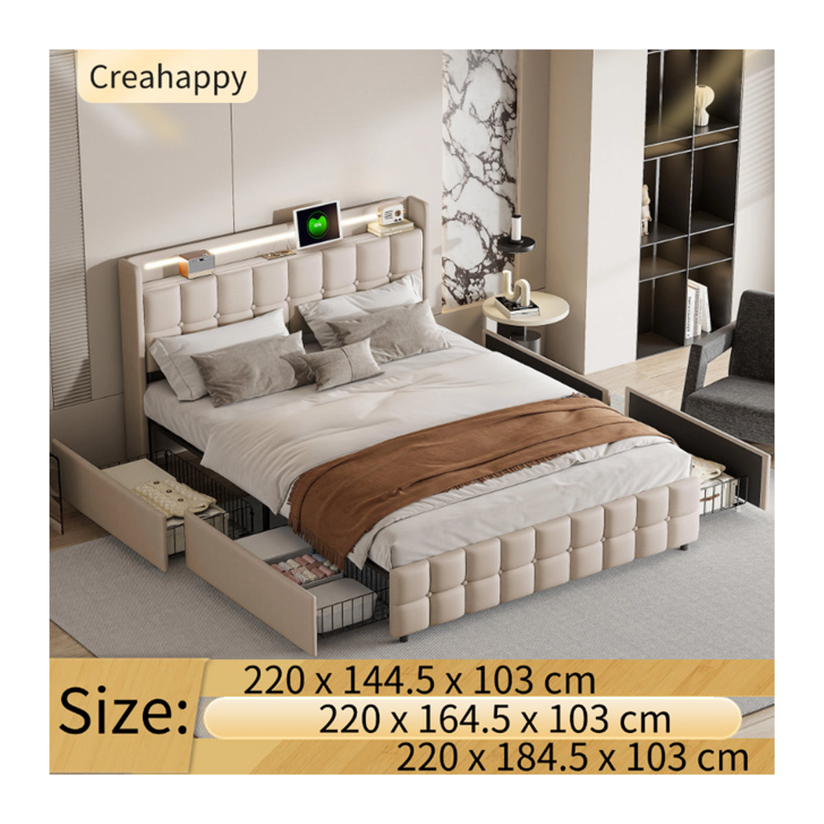 Creahappy Polsterbett Beige mit LED-Beleuchtung, USB-Kopfteil und 4 Schubladen, B/T/H: 160 x 160 x 200 cm - Bild 1