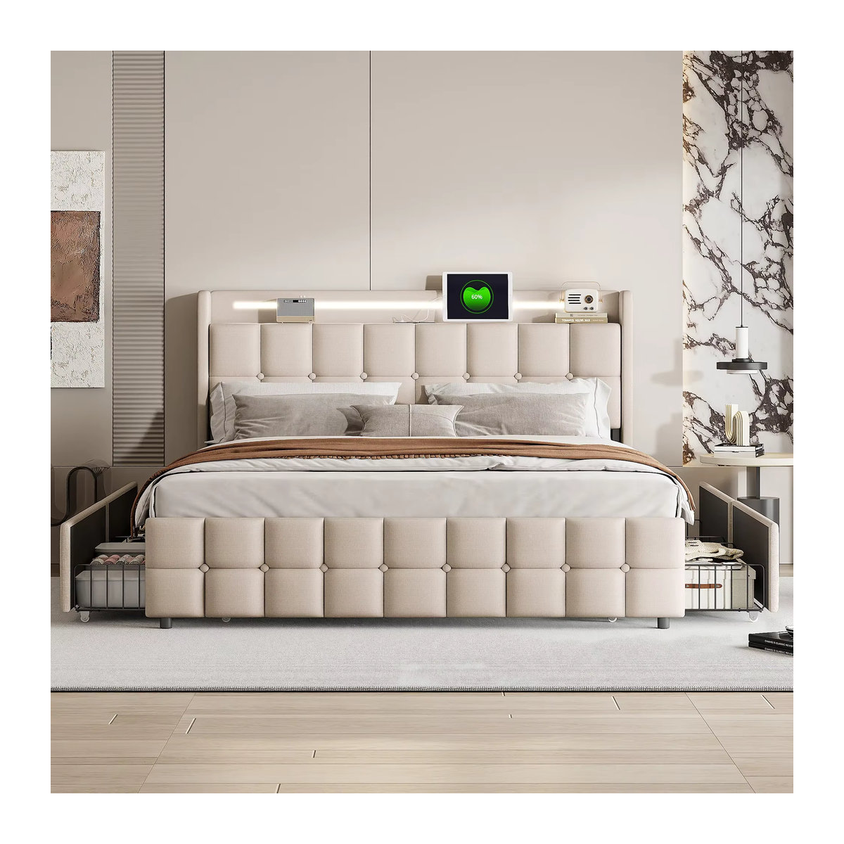 Creahappy Polsterbett Beige mit LED-Beleuchtung, USB-Kopfteil und 4 Schubladen, B/T/H: 160 x 160 x 200 cm - Bild 2