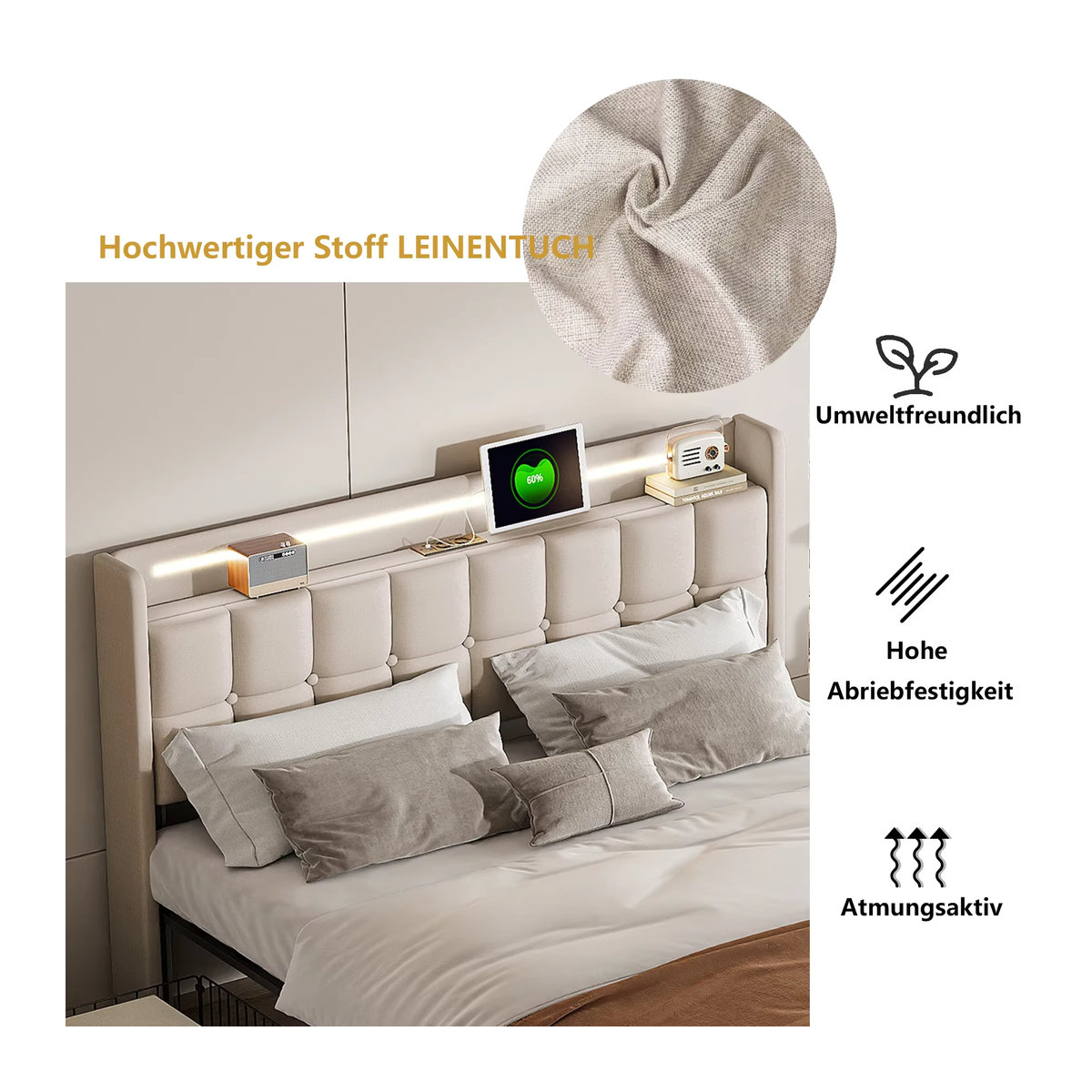 Creahappy Polsterbett Beige mit LED-Beleuchtung, USB-Kopfteil und 4 Schubladen, B/T/H: 160 x 160 x 200 cm - Bild 3
