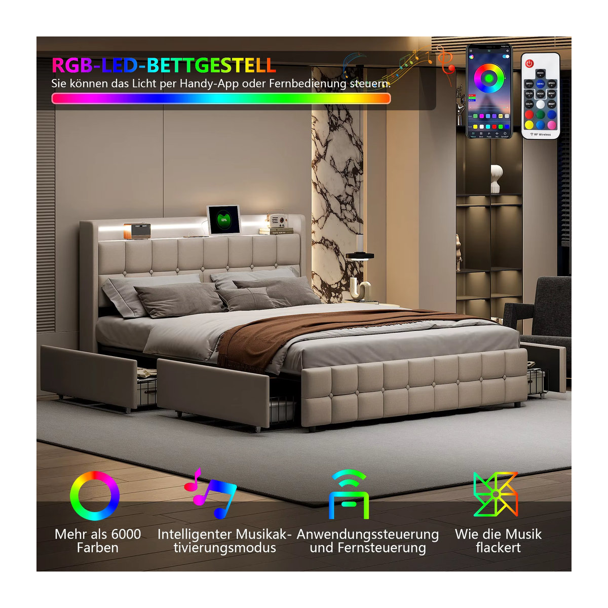 Creahappy Polsterbett Beige mit LED-Beleuchtung, USB-Kopfteil und 4 Schubladen, B/T/H: 160 x 160 x 200 cm - Bild 4