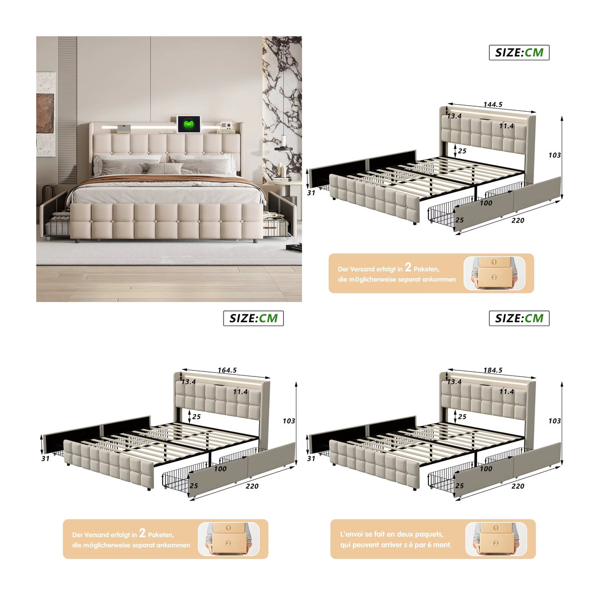 Creahappy Polsterbett Beige mit LED-Beleuchtung, USB-Kopfteil und 4 Schubladen, B/T/H: 160 x 160 x 200 cm - Bild 5
