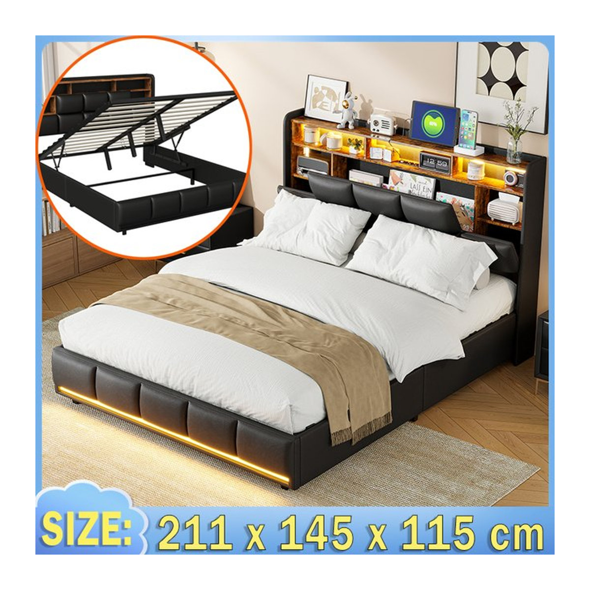 Creahappy Polsterbett in Schwarz mit LED-Lichtleiste, Ladefunktion und Stauraum, B/T/H: 140 x 200 x cm - Bild 1