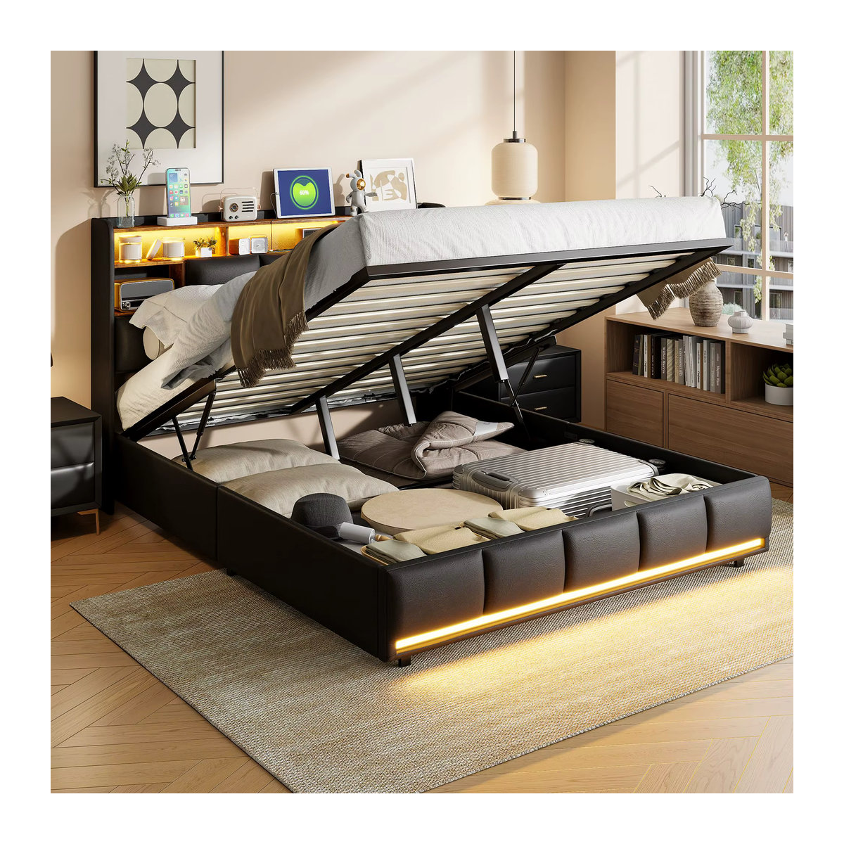 Creahappy Polsterbett in Schwarz mit LED-Lichtleiste, Ladefunktion und Stauraum, B/T/H: 140 x 200 x cm - Bild 2