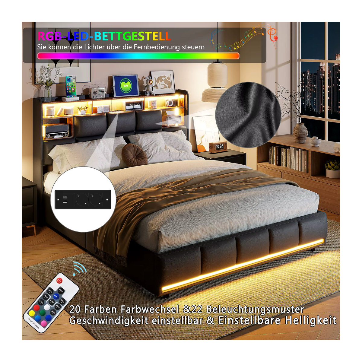 Creahappy Polsterbett in Schwarz mit LED-Lichtleiste, Ladefunktion und Stauraum, B/T/H: 140 x 200 x cm - Bild 3