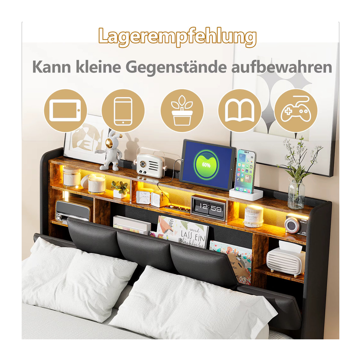 Creahappy Polsterbett in Schwarz mit LED-Lichtleiste, Ladefunktion und Stauraum, B/T/H: 140 x 200 x cm - Bild 4