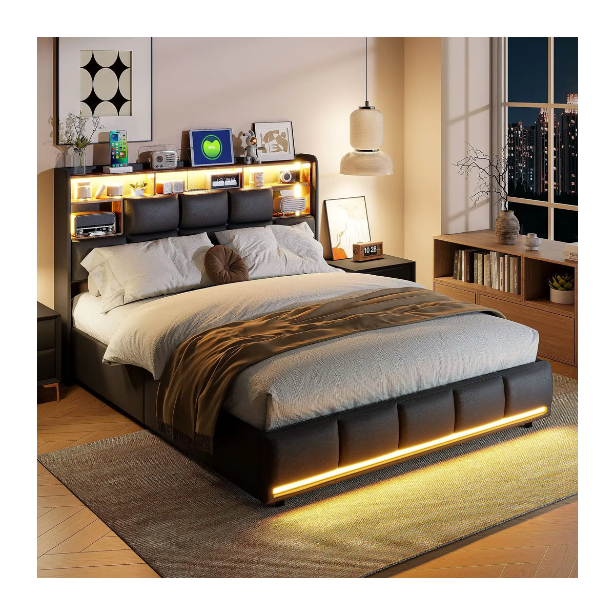 Creahappy Polsterbett in Schwarz mit LED-Lichtleiste, Ladefunktion und Stauraum, B/T/H: 140 x 200 x cm - Bild 5