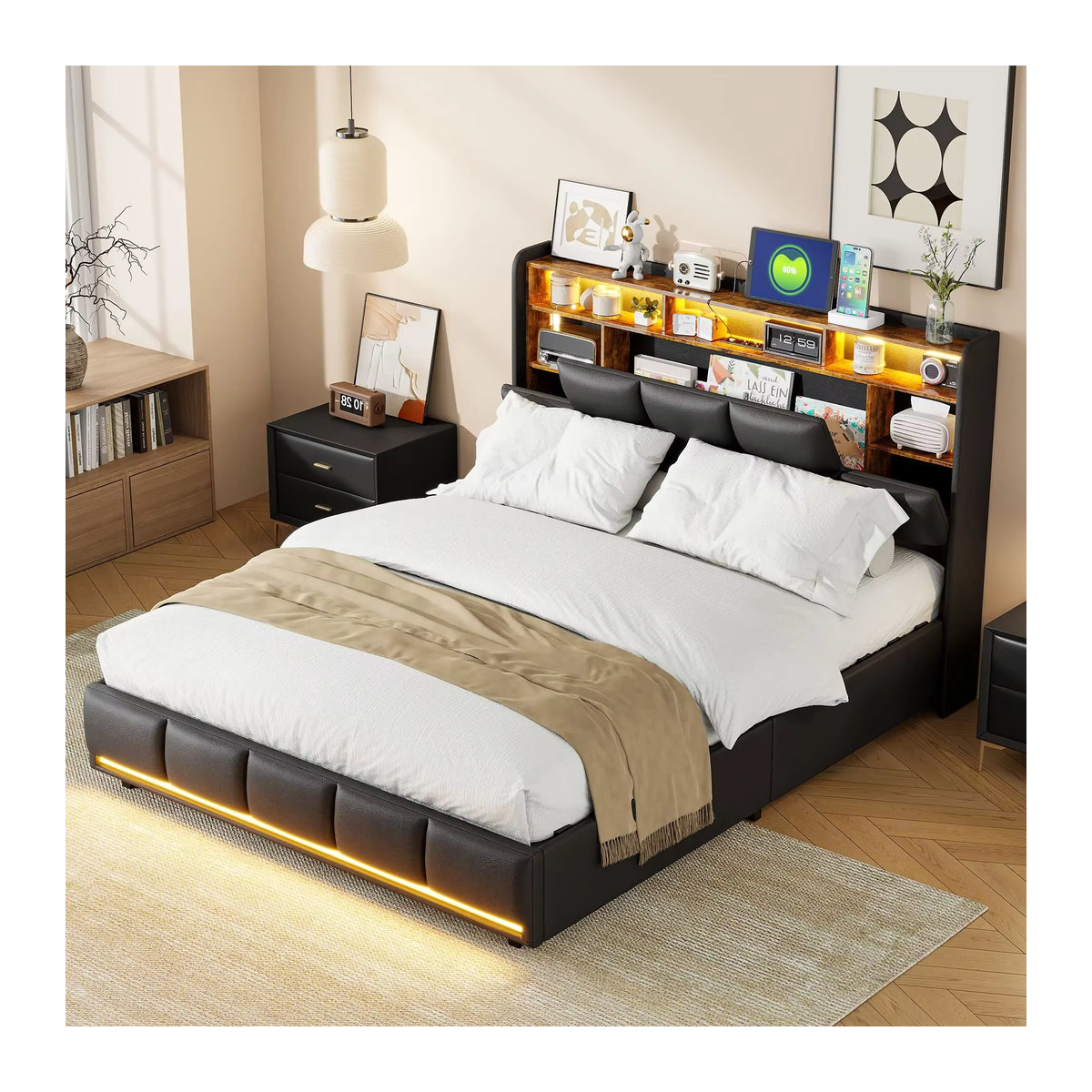 Creahappy Polsterbett in Schwarz mit LED-Lichtleiste, Ladefunktion und Stauraum, B/T/H: 140 x 200 x cm - Bild 6