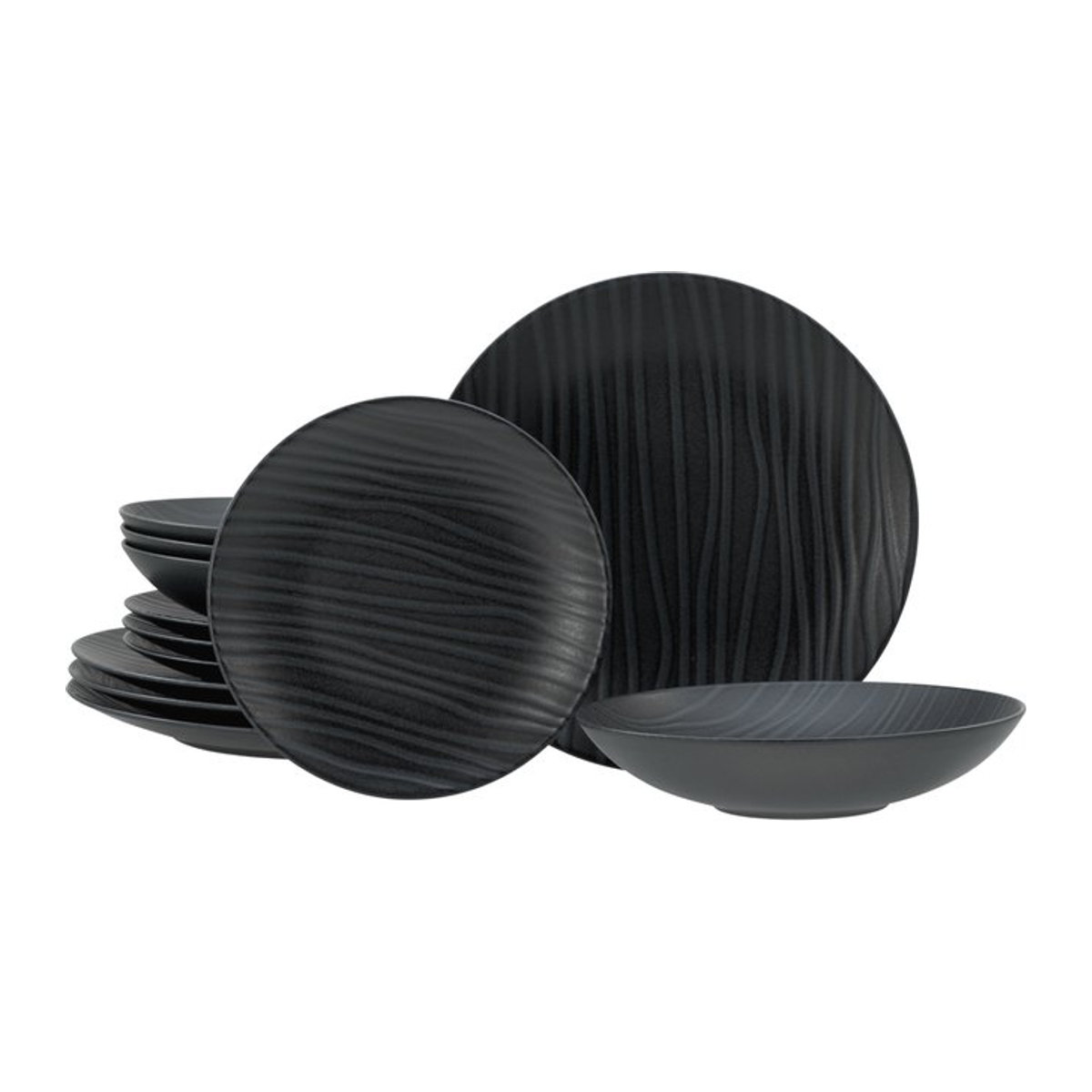 CreaTable Kombiservice Waves Black 12-teilig aus Keramik in Schwarz mit Wellen-Relief und modernem Design, Rund - Bild 1