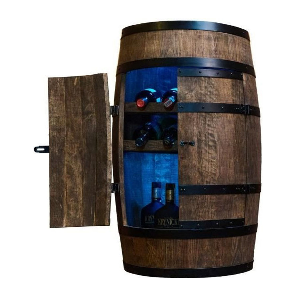 Creative Cooper Weinregal in Holzfass-Optik mit LED-Beleuchtung und Drehtüren, Farbe Wenge/Nussbaum/Braun, Retro-Industrial Design - Bild 1