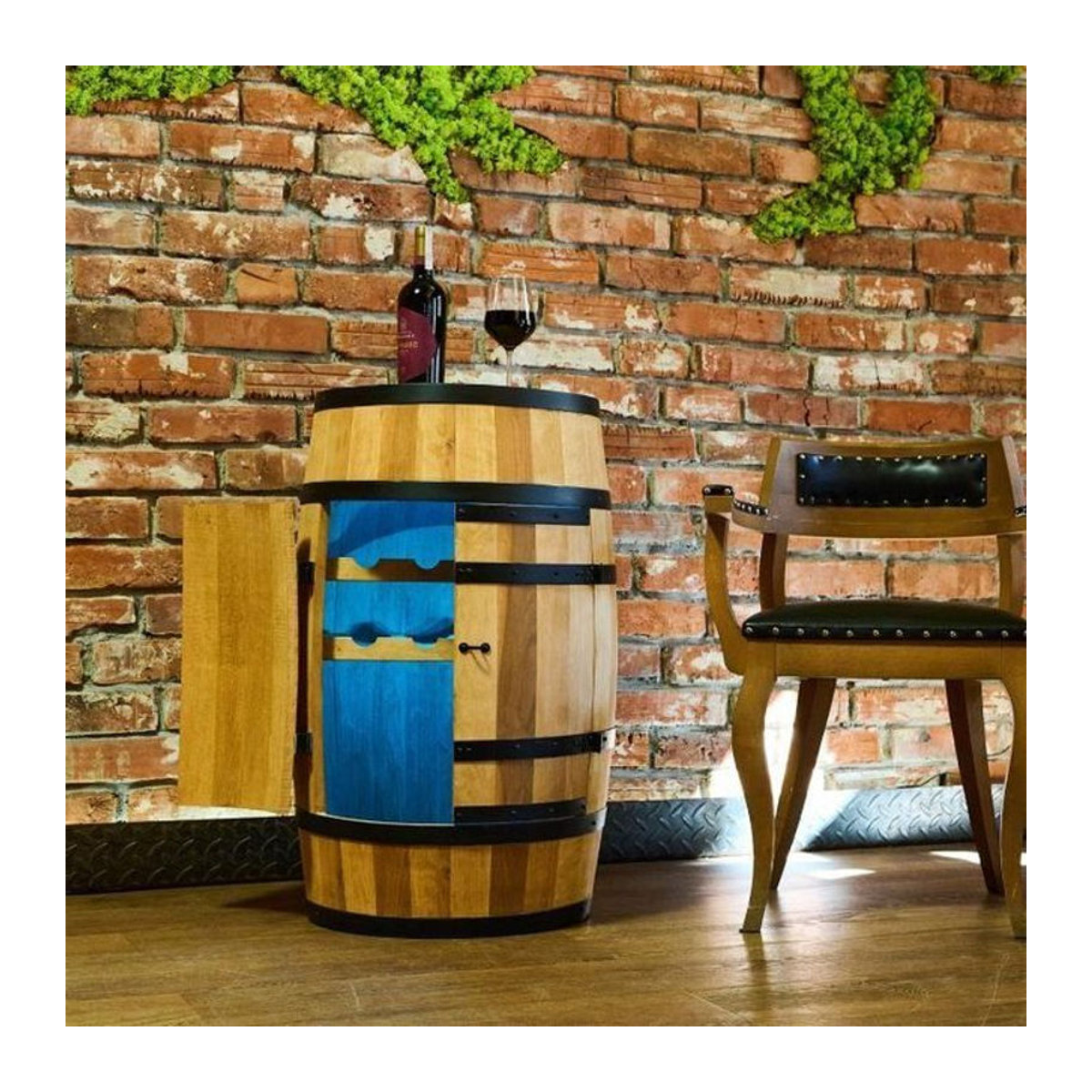 CreativeCooper Weinregal aus Holz und Metall im Vintage Design mit LED-Beleuchtung und Drehtüren in Braun - Bild 1