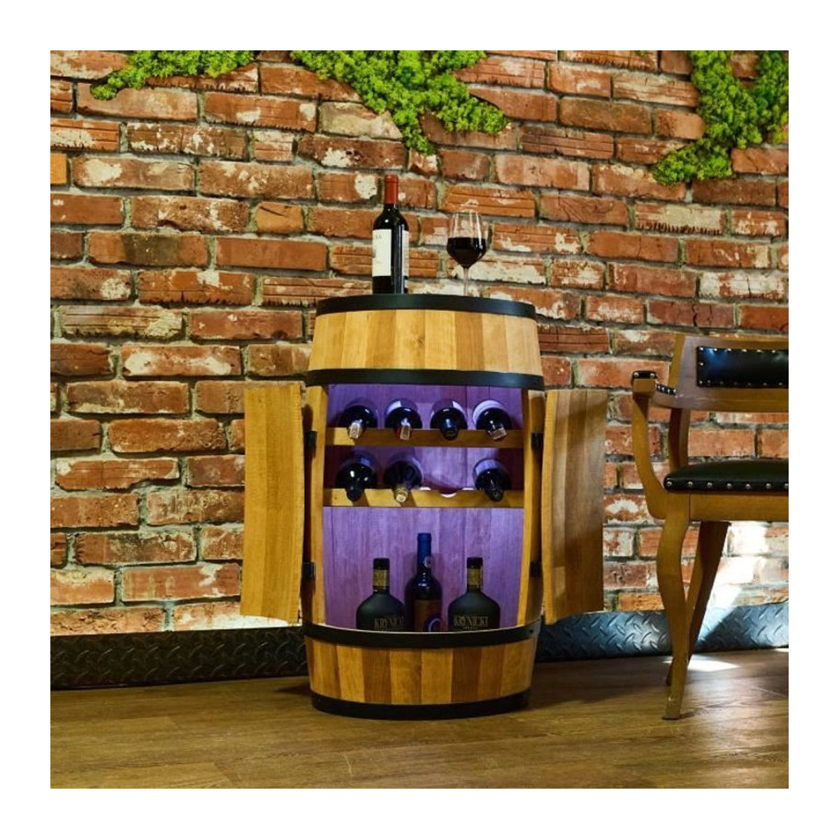CreativeCooper Weinregal aus Holz und Metall im Vintage Design mit LED-Beleuchtung und Drehtüren in Braun - Bild 3