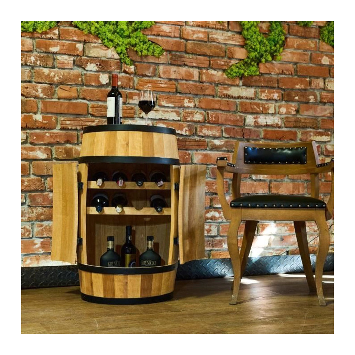 CreativeCooper Weinregal aus Holz und Metall im Vintage Design mit LED-Beleuchtung und Drehtüren in Braun - Bild 4