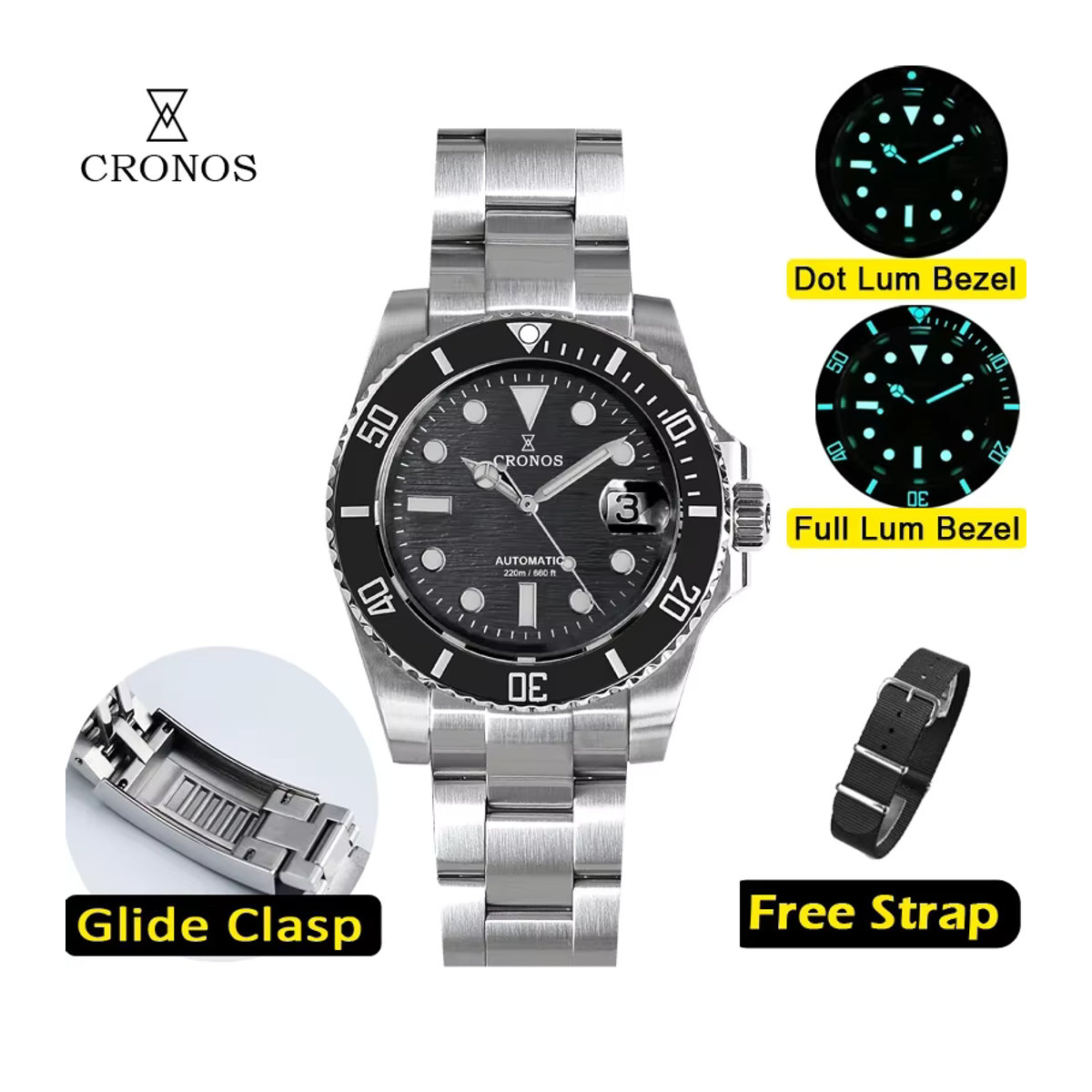 Cronos Sub Diver Herrenuhr aus Edelstahl in Schwarz mit Keramiklünette und 200 Meter Wasserdichtigkeit - Bild 2